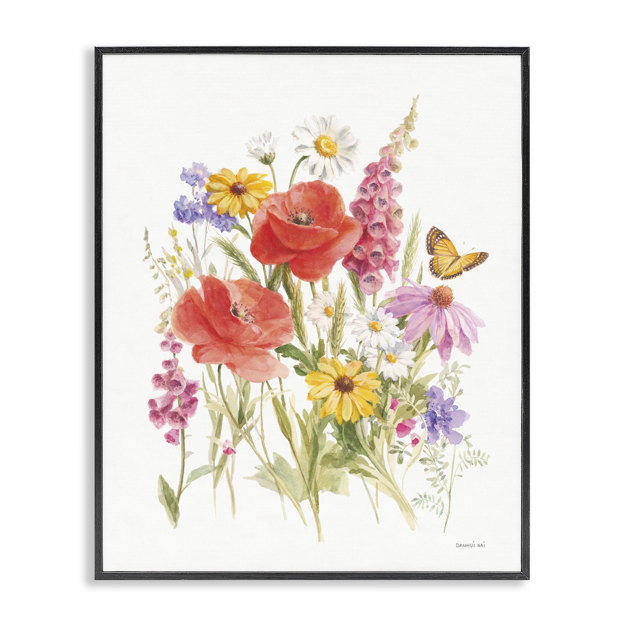 Stupell Industries Bright Flowers & Butterfly Botanical & Floral Painting Black Framed Art Print Wall Art, 16 x 20