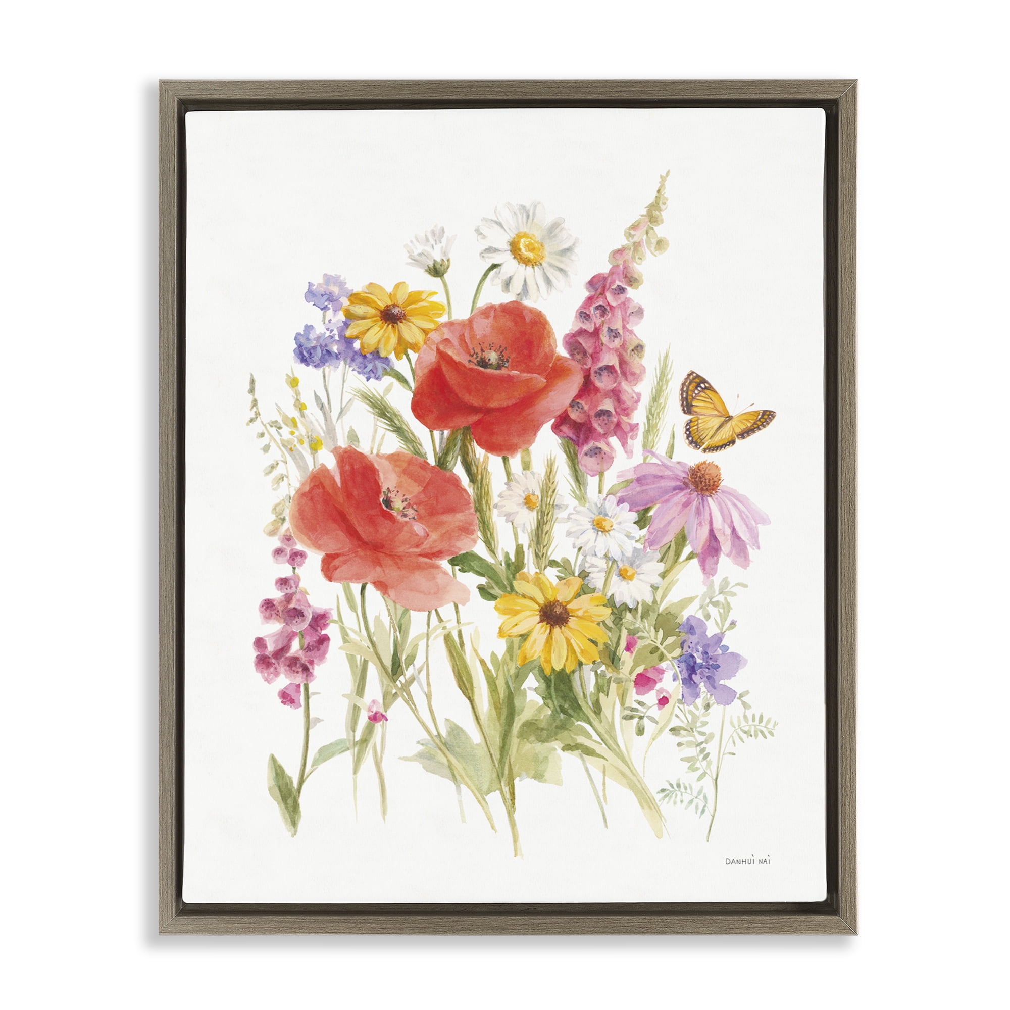 Stupell Industries Bright Flowers & Butterfly Botanical & Floral Painting Brown Floater Framed Art Print Wall Art, 25 x 31