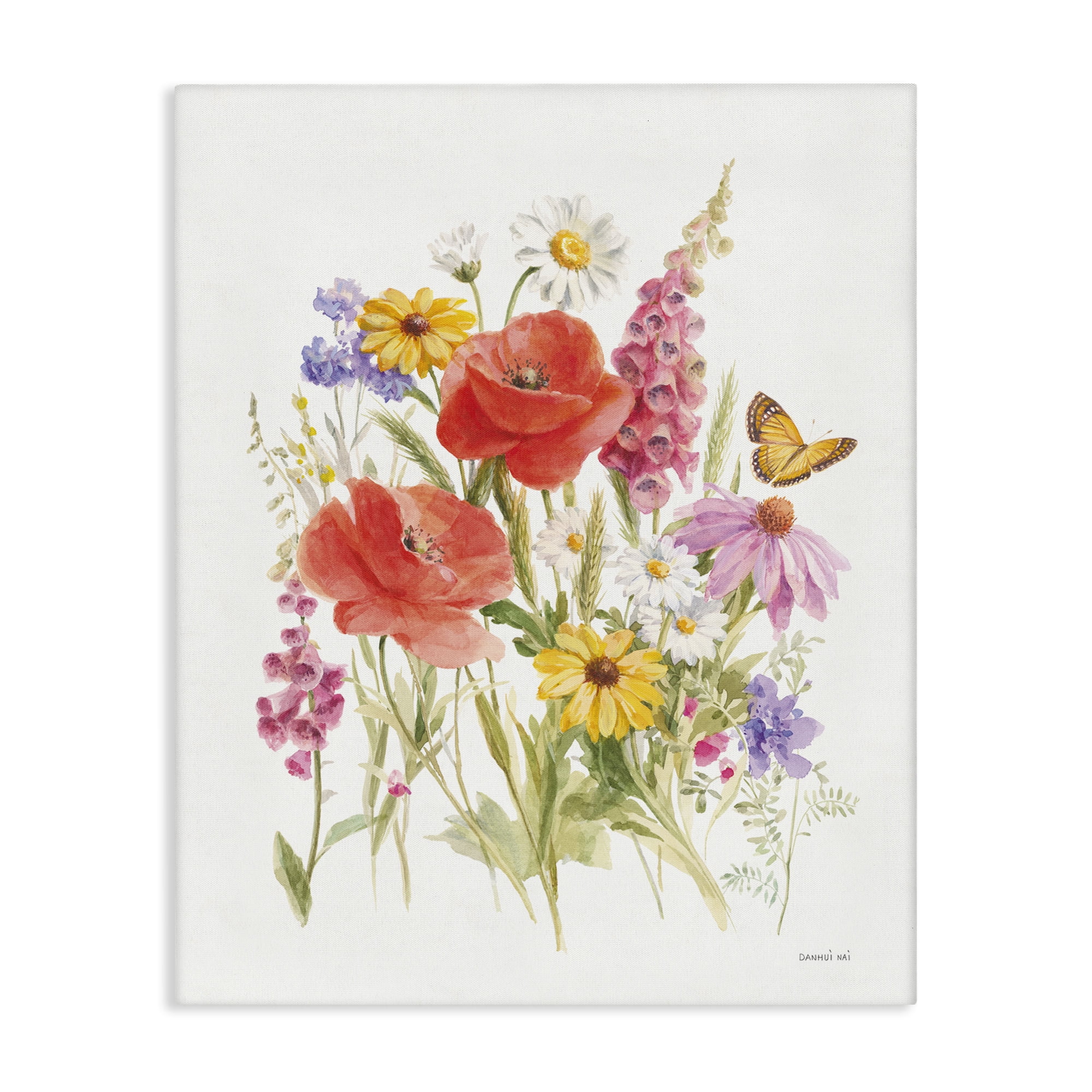 Stupell Industries Bright Flowers & Butterfly Botanical & Floral Painting Gallery Wrapped Canvas Art Print Wall Art, 24 x 30