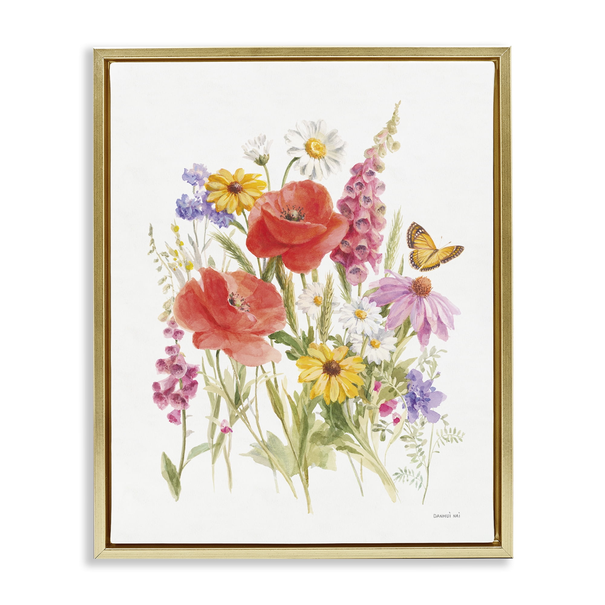 Stupell Industries Bright Flowers & Butterfly Botanical & Floral Painting Gold Floater Framed Art Print Wall Art, 17 x 21