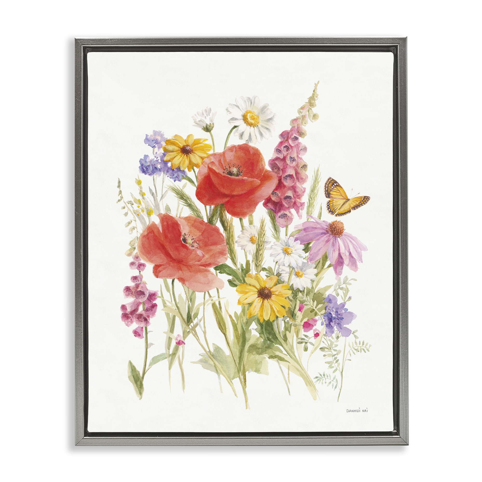 Stupell Industries Bright Flowers & Butterfly Botanical & Floral Painting Gray Floater Framed Art Print Wall Art, 17 x 21