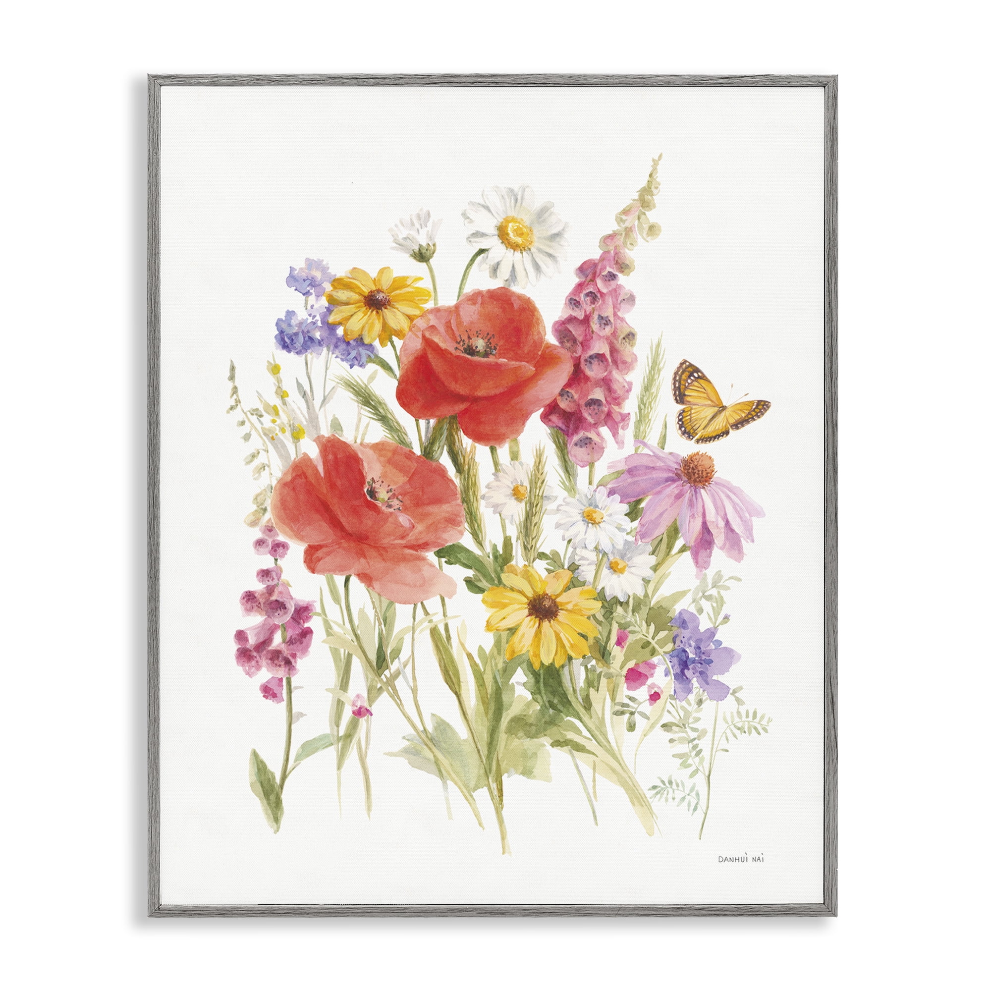 Stupell Industries Bright Flowers & Butterfly Botanical & Floral Painting Gray Framed Art Print Wall Art, 11 x 14