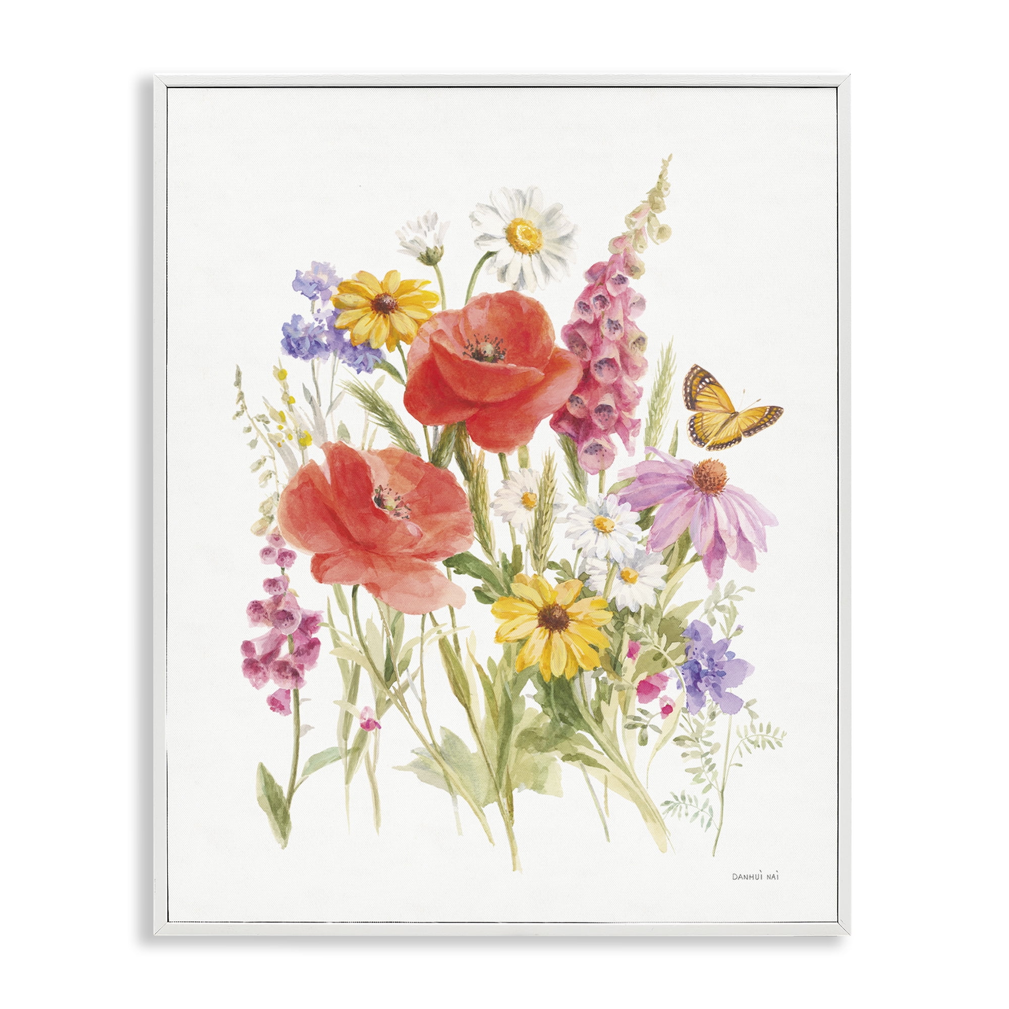 Stupell Industries Bright Flowers & Butterfly Botanical & Floral Painting White Framed Art Print Wall Art, 16 x 20