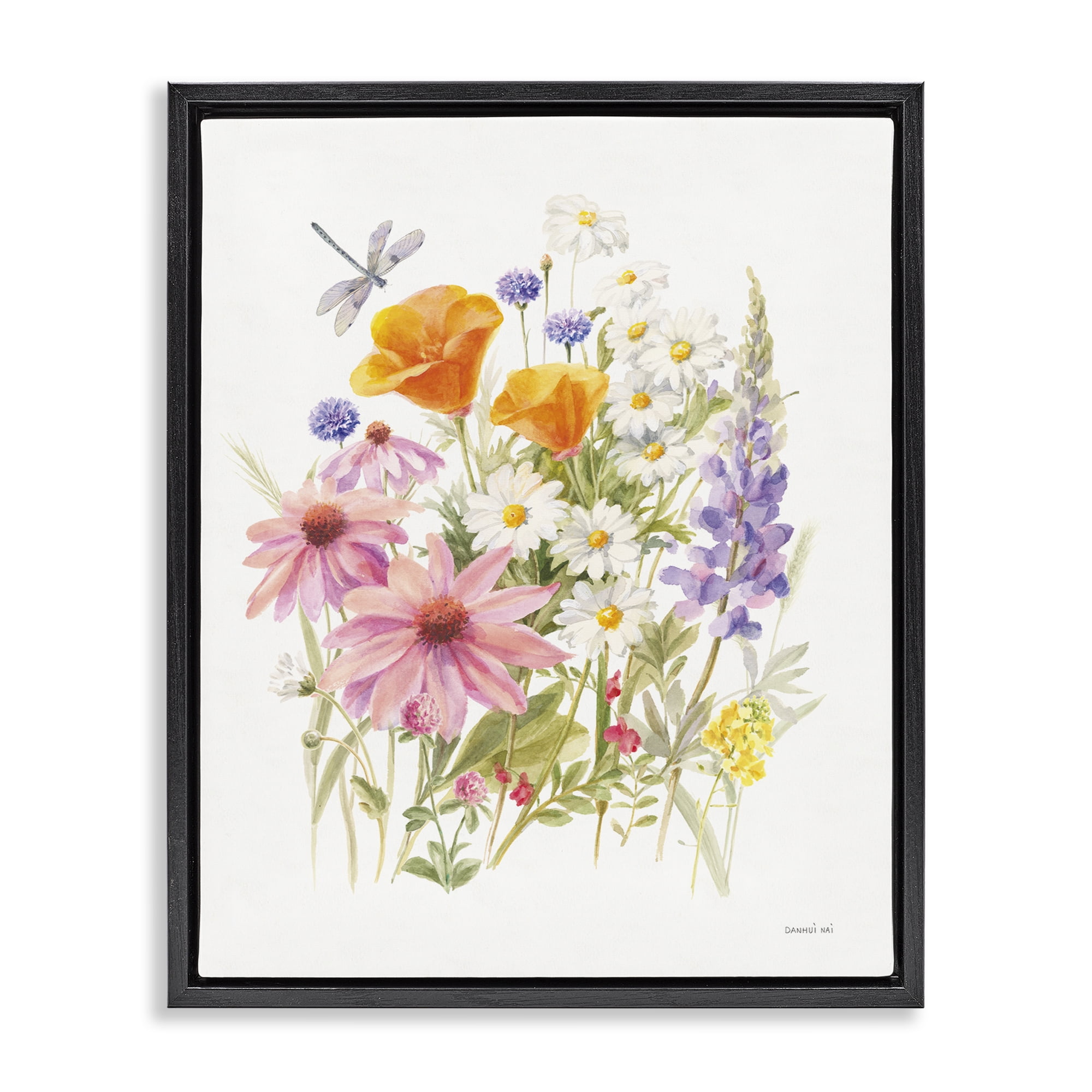 Stupell Industries Bright Flowers & Dragonfly Botanical & Floral Painting Black Floater Framed Art Print Wall Art, 17 x 21
