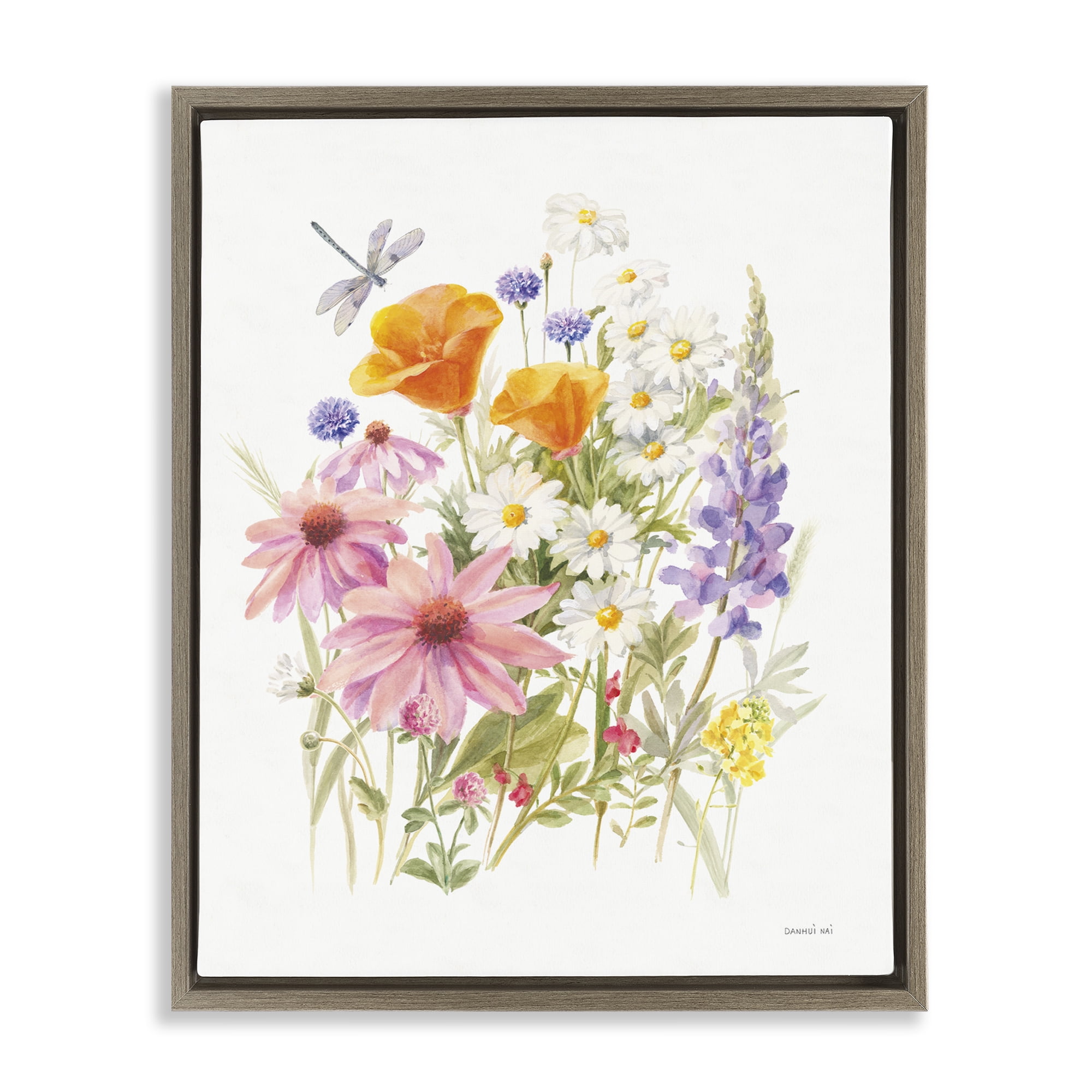 Stupell Industries Bright Flowers & Dragonfly Botanical & Floral Painting Brown Floater Framed Art Print Wall Art, 17 x 21