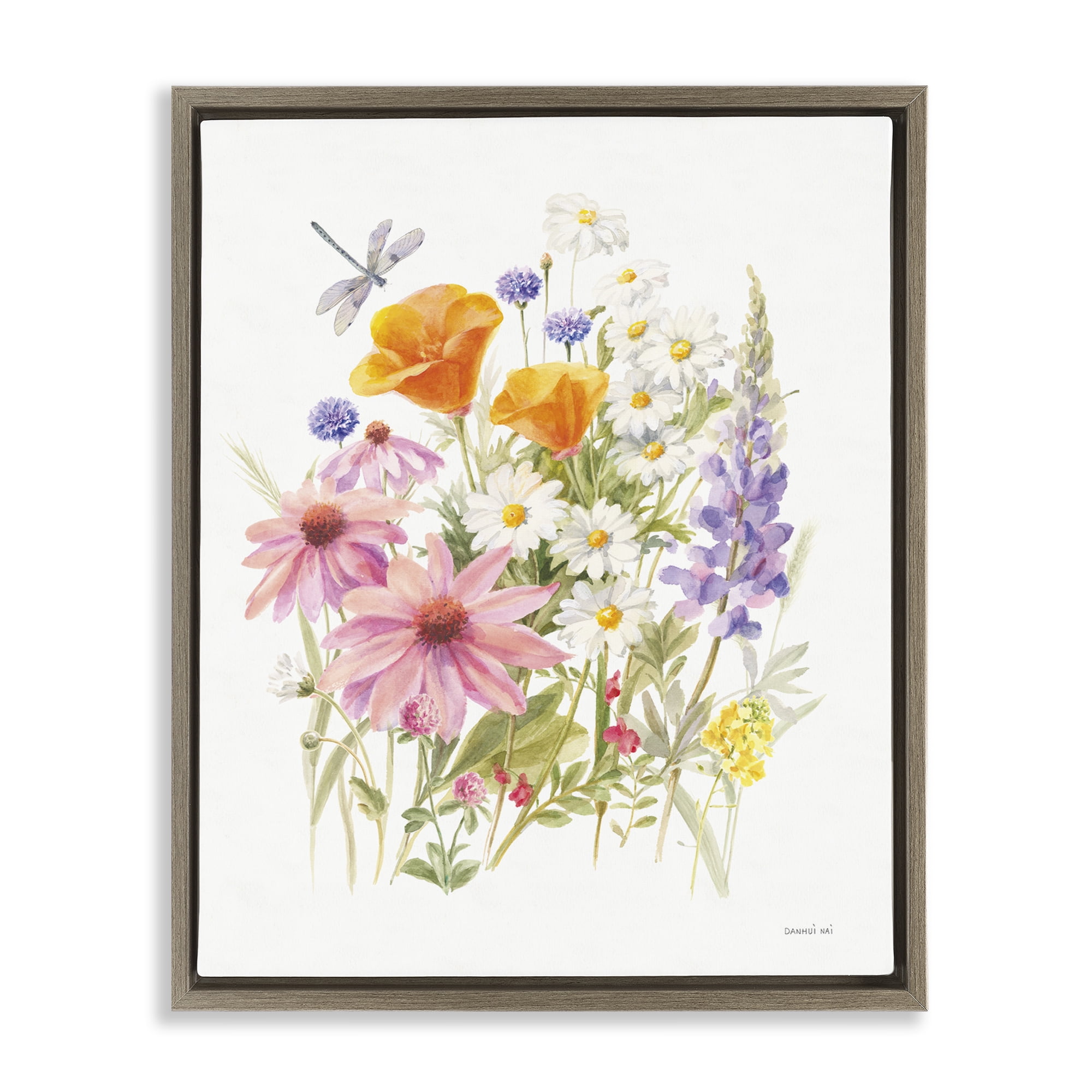 Stupell Industries Bright Flowers & Dragonfly Botanical & Floral Painting Brown Floater Framed Art Print Wall Art, 25 x 31