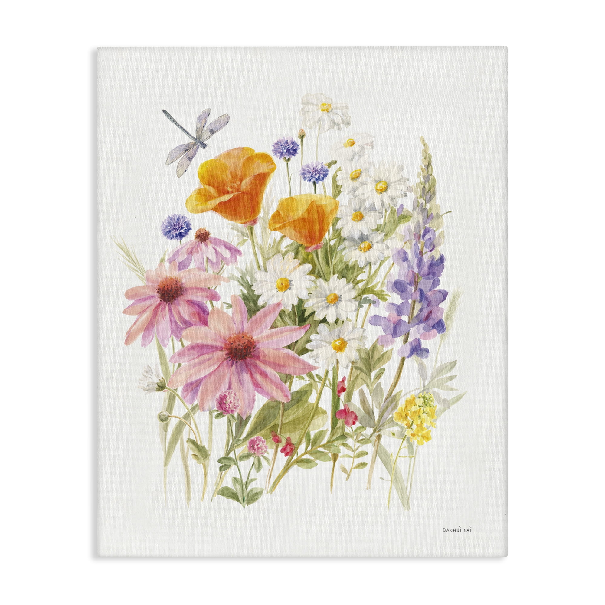 Stupell Industries Bright Flowers & Dragonfly Botanical & Floral Painting Gallery Wrapped Canvas Art Print Wall Art, 30 x 40