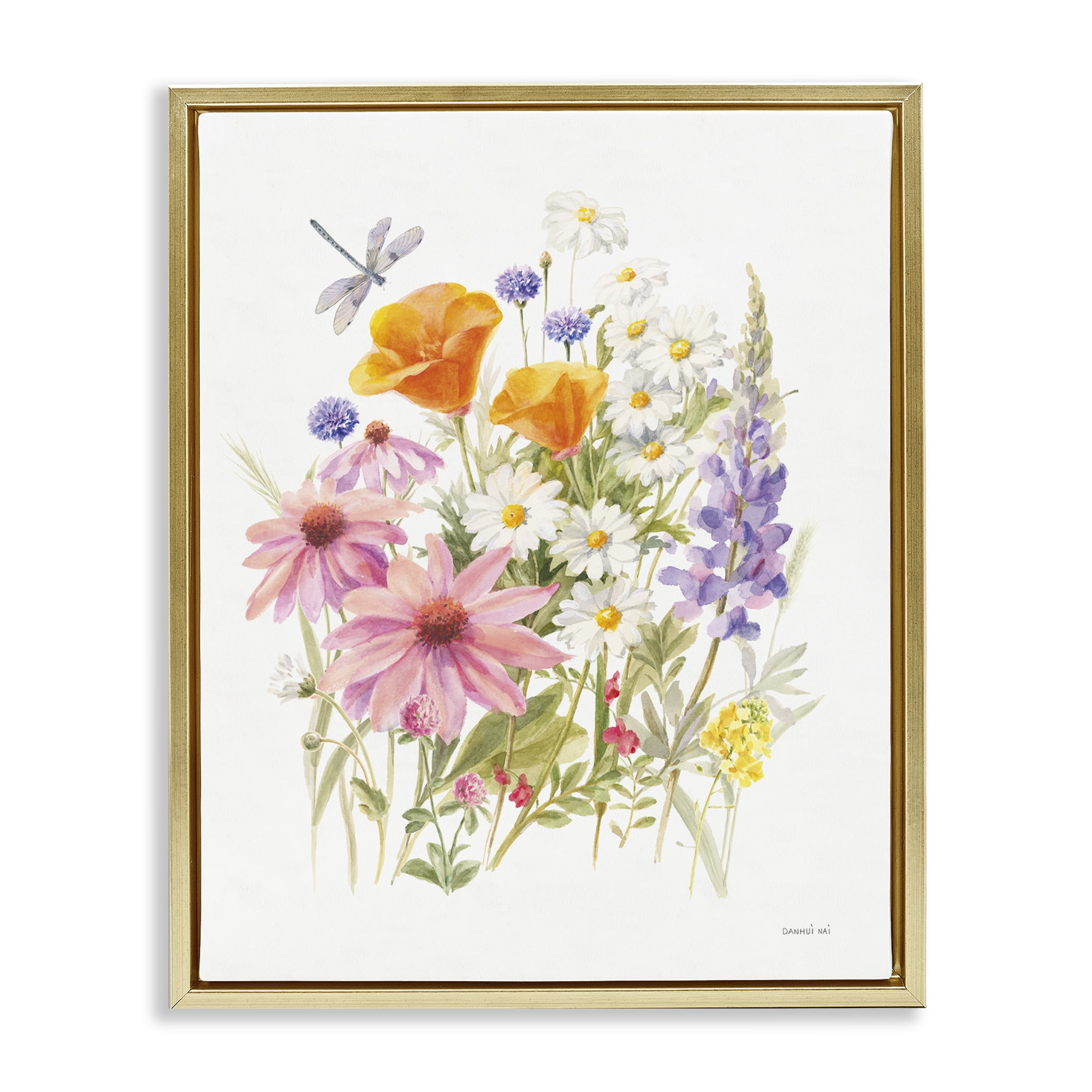 Stupell Industries Bright Flowers & Dragonfly Botanical & Floral Painting Gold Floater Framed Art Print Wall Art, 25 x 31