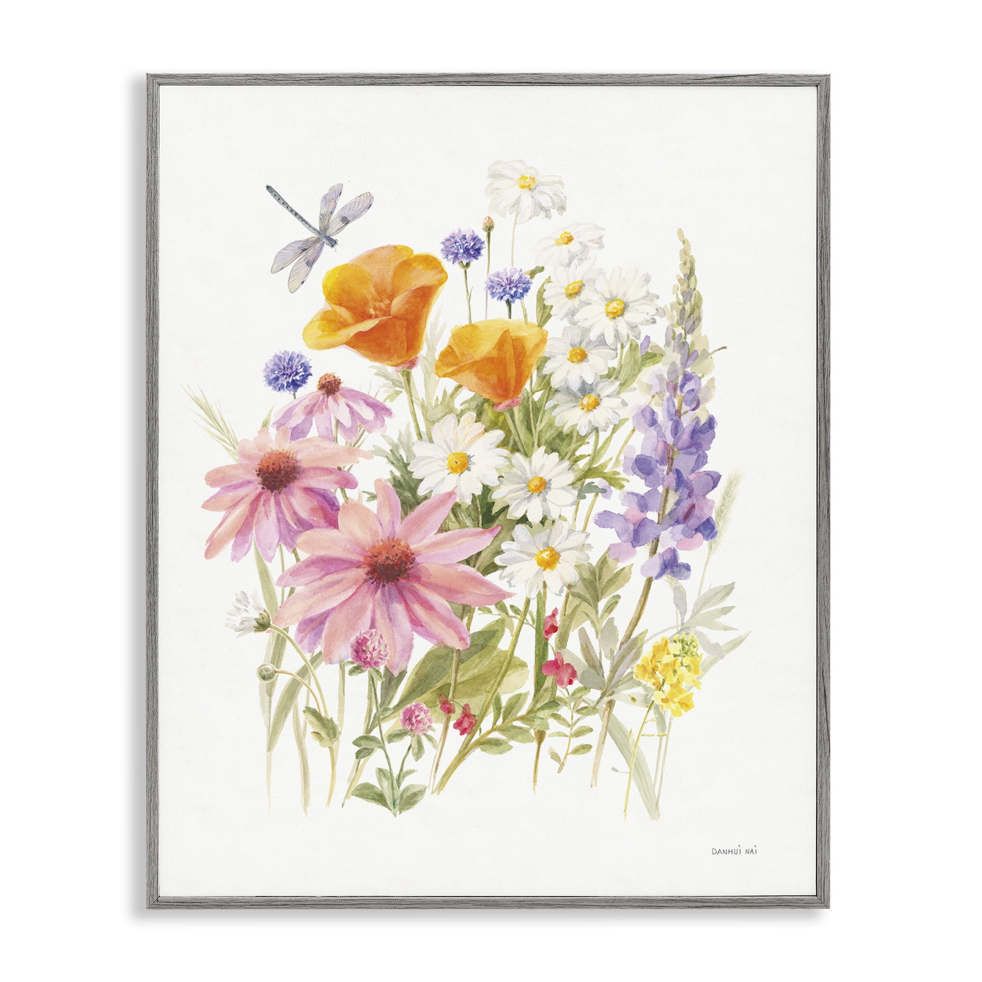 Stupell Industries Bright Flowers & Dragonfly Botanical & Floral Painting Gray Framed Art Print Wall Art, 11 x 14