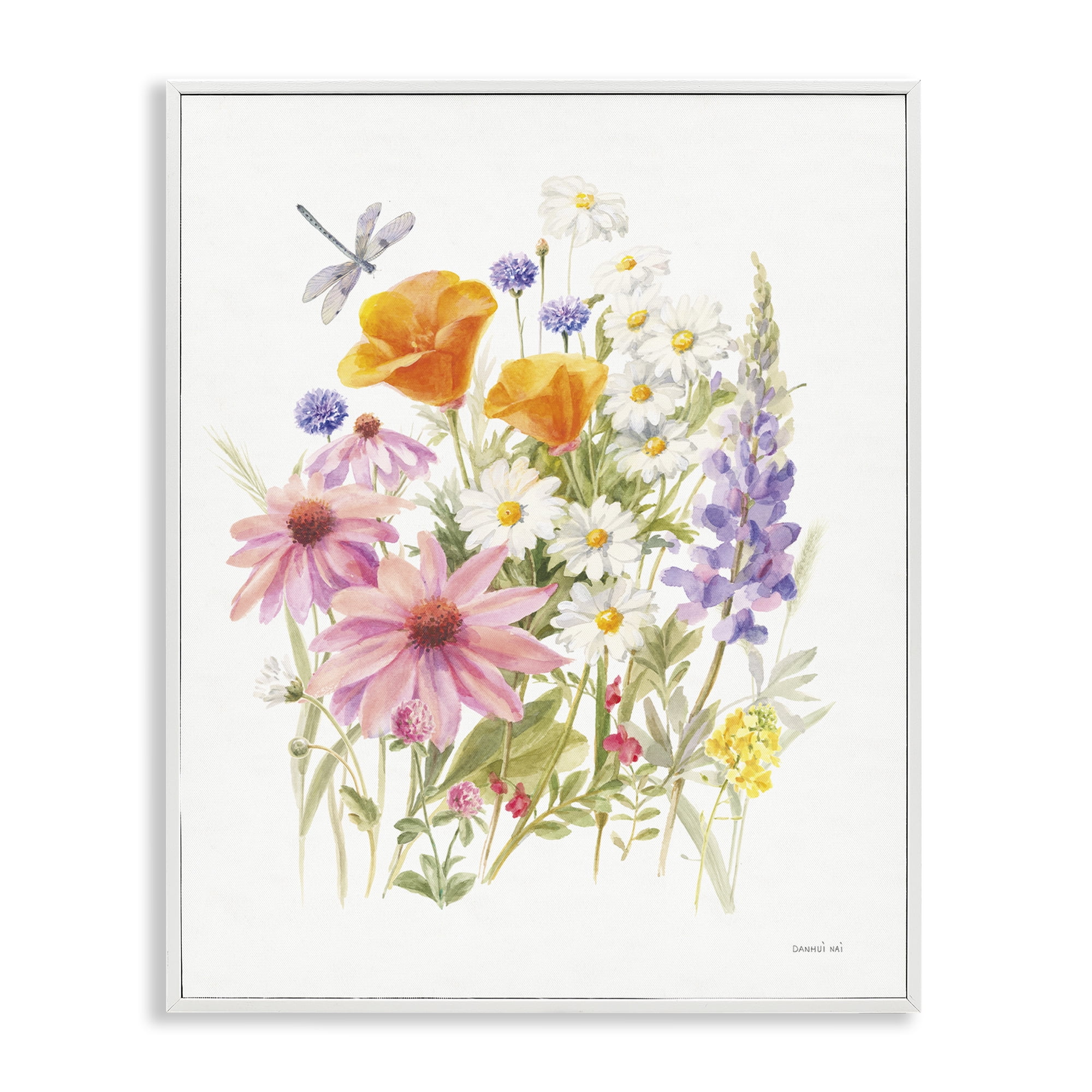 Stupell Industries Bright Flowers & Dragonfly Botanical & Floral Painting White Framed Art Print Wall Art, 16 x 20
