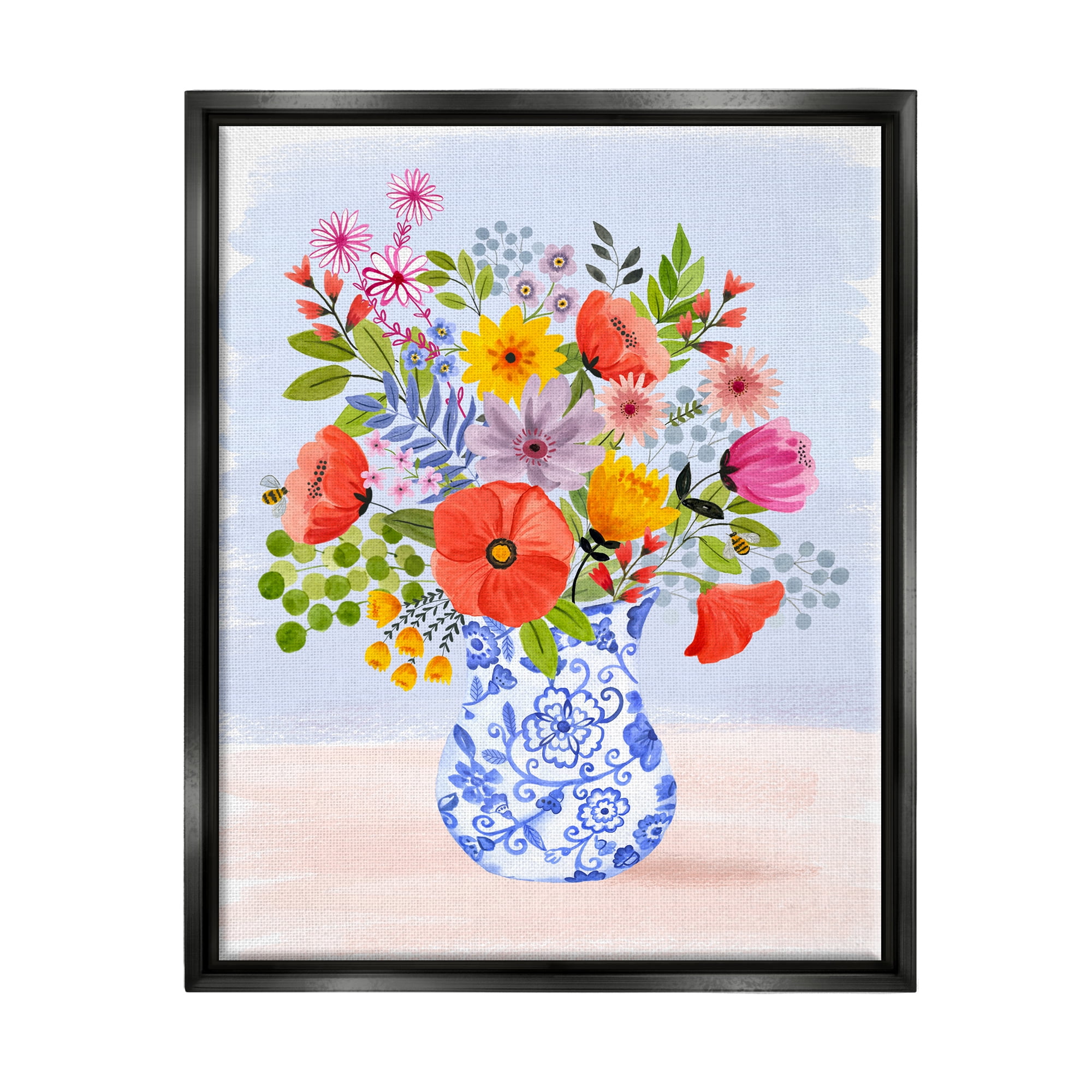 Stupell Industries Bright Flowers in Pottery Botanical & Floral Painting Black Floater Framed Canvas Art Print Wall Art, 25 x 31