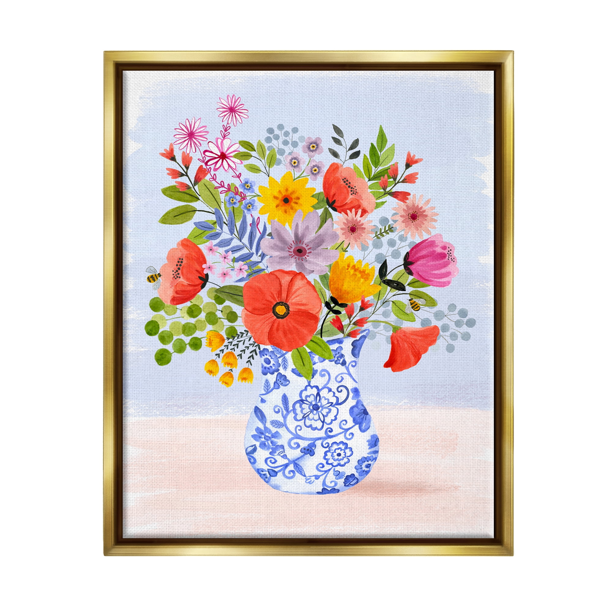 Stupell Industries Bright Flowers in Pottery Botanical & Floral Painting Gold Floater Framed Canvas Art Print Wall Art, 17 x 21