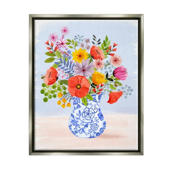 Stupell Industries Bright Flowers in Pottery Botanical & Floral Painting Gray Floater Framed Canvas Art Print Wall Art, 17 x 21