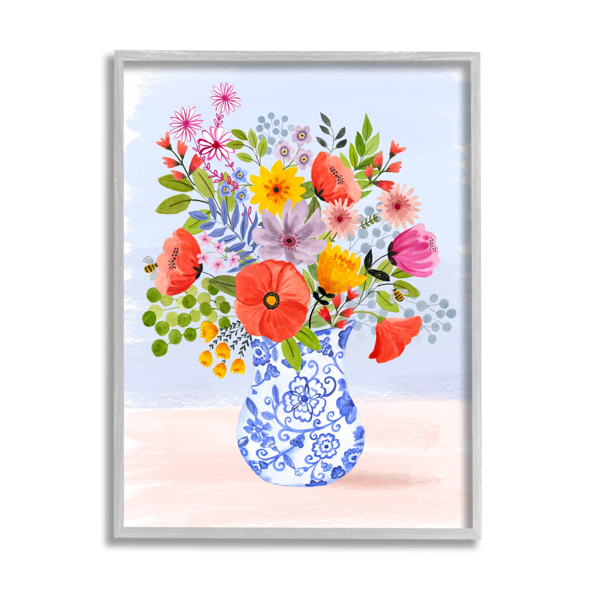 Stupell Industries Bright Flowers in Pottery Botanical & Floral Painting Gray Framed Art Print Wall Art, 16 x 20