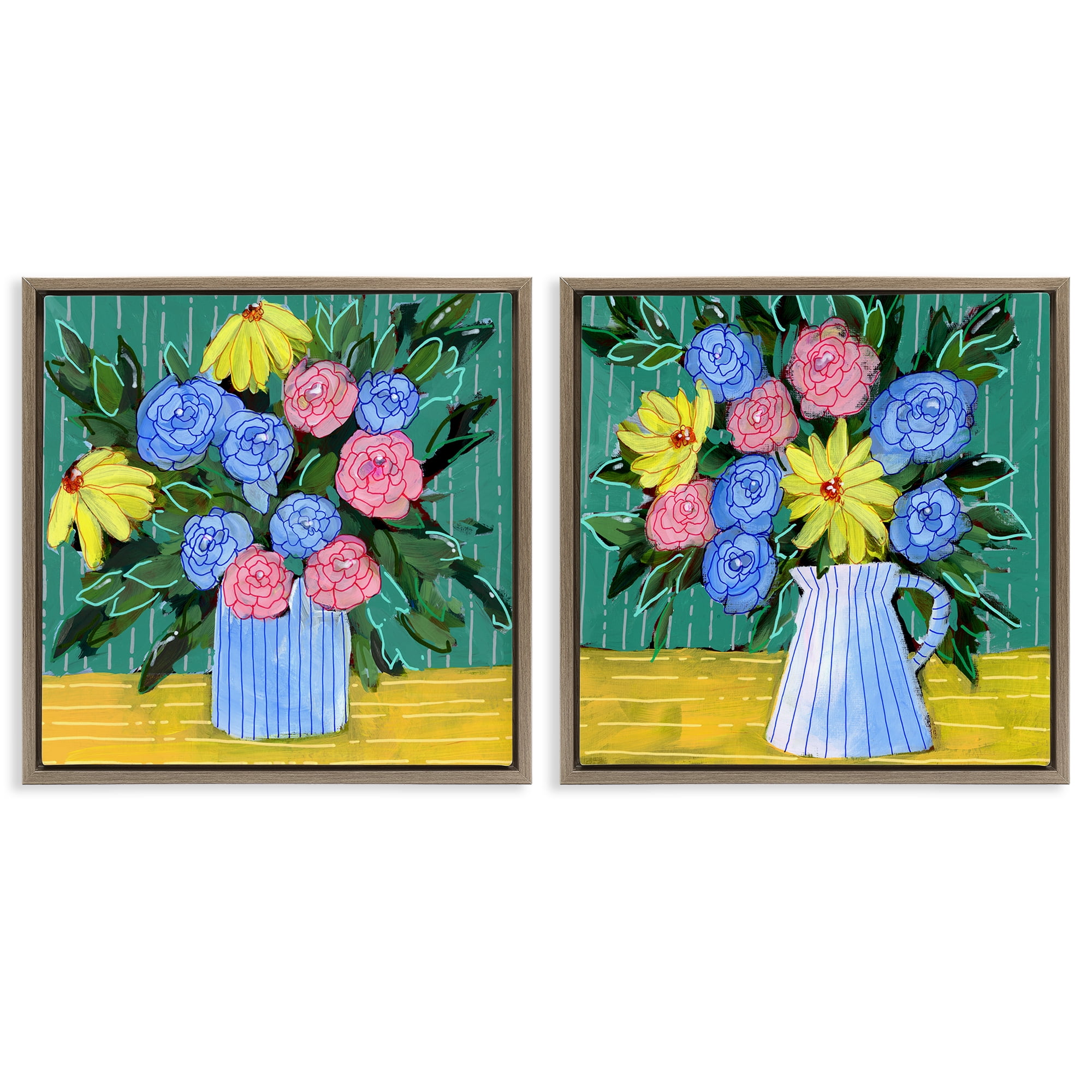 Stupell Industries Bright Flowers on Stripes Plants & Flowers Painting Brown Floater Framed Canvas Art Print Wall Art, 18 x 18, Set of 2