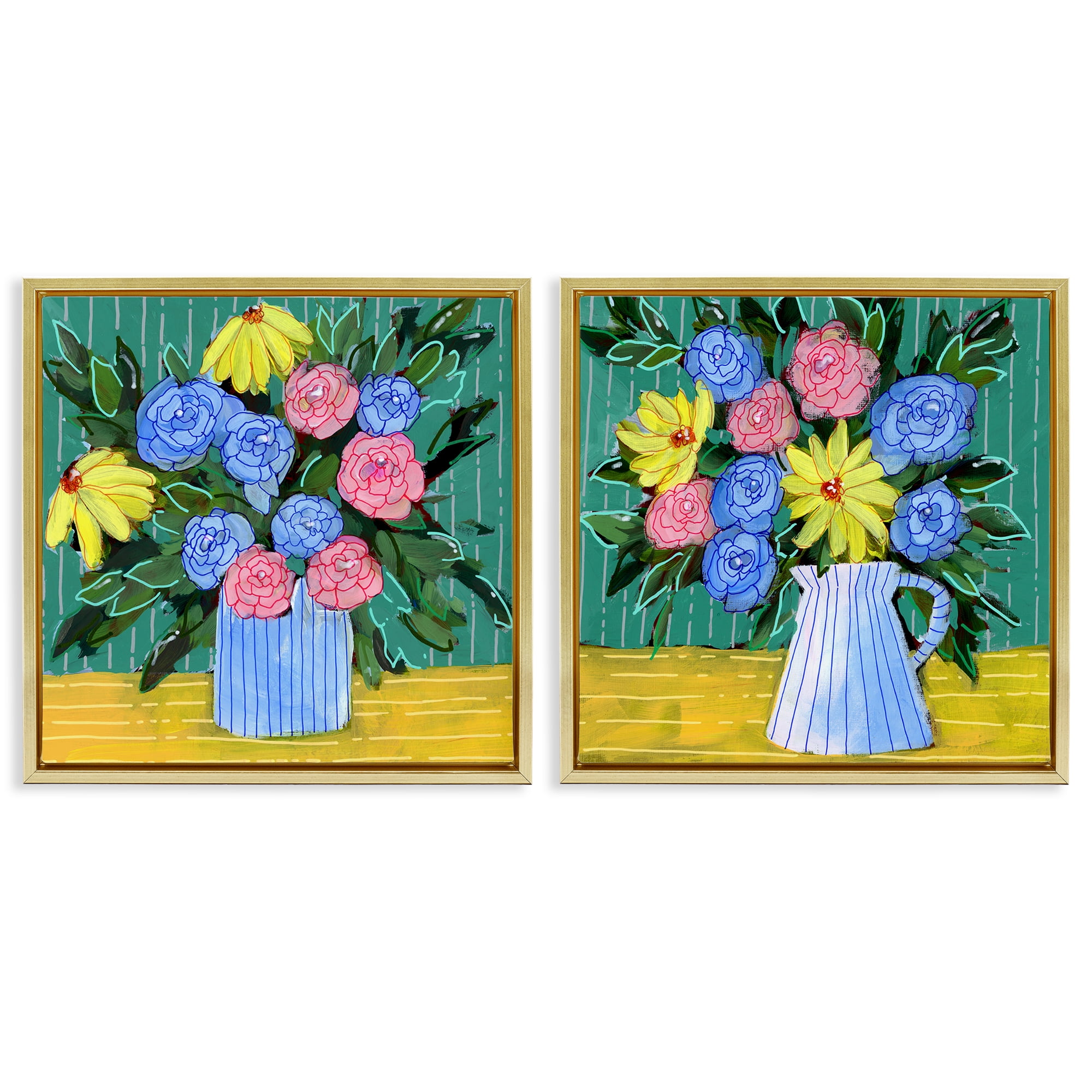 Stupell Industries Bright Flowers on Stripes Plants & Flowers Painting Gold Floater Framed Canvas Art Print Wall Art, 18 x 18, Set of 2