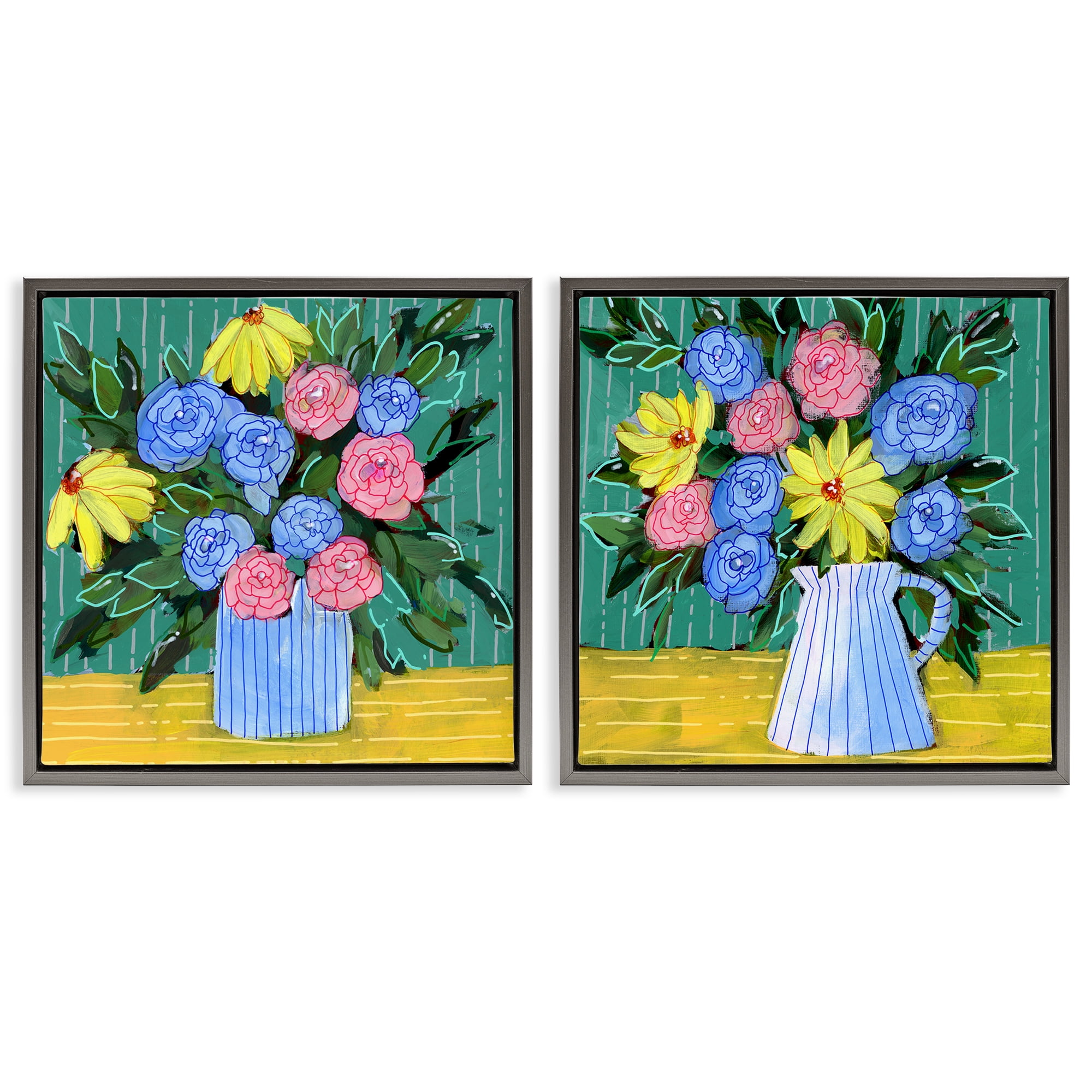 Stupell Industries Bright Flowers on Stripes Plants & Flowers Painting Gray Floater Framed Canvas Art Print Wall Art, 18 x 18, Set of 2