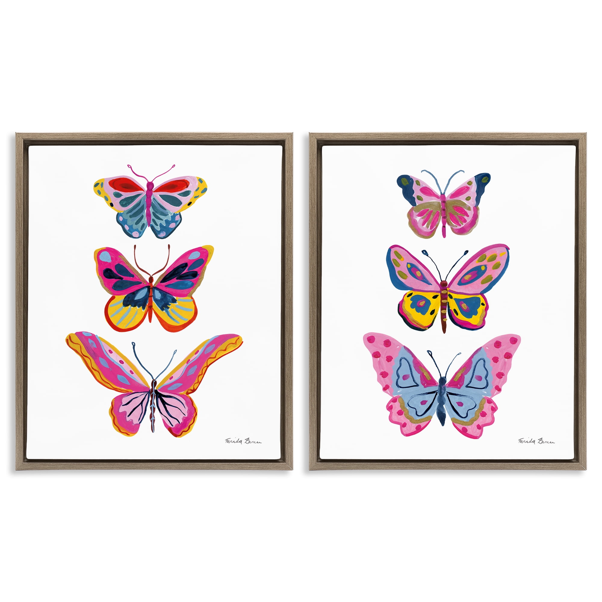 Stupell Industries Bright Flutter Butterflies Insects Painting Brown Floater Framed Canvas Art Print Wall Art, 31 x 25, Set of 2