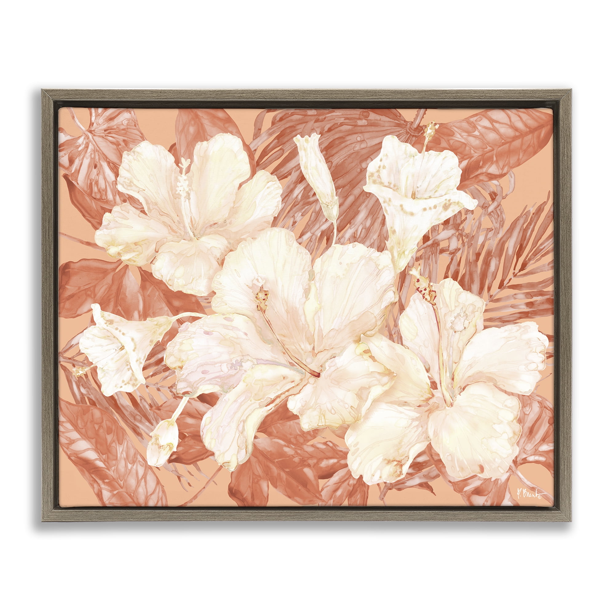 Stupell Industries Bright Hibiscus Bundle Plants & Flowers Painting Brown Floater Framed Canvas Art Print Wall Art, 21 x 17