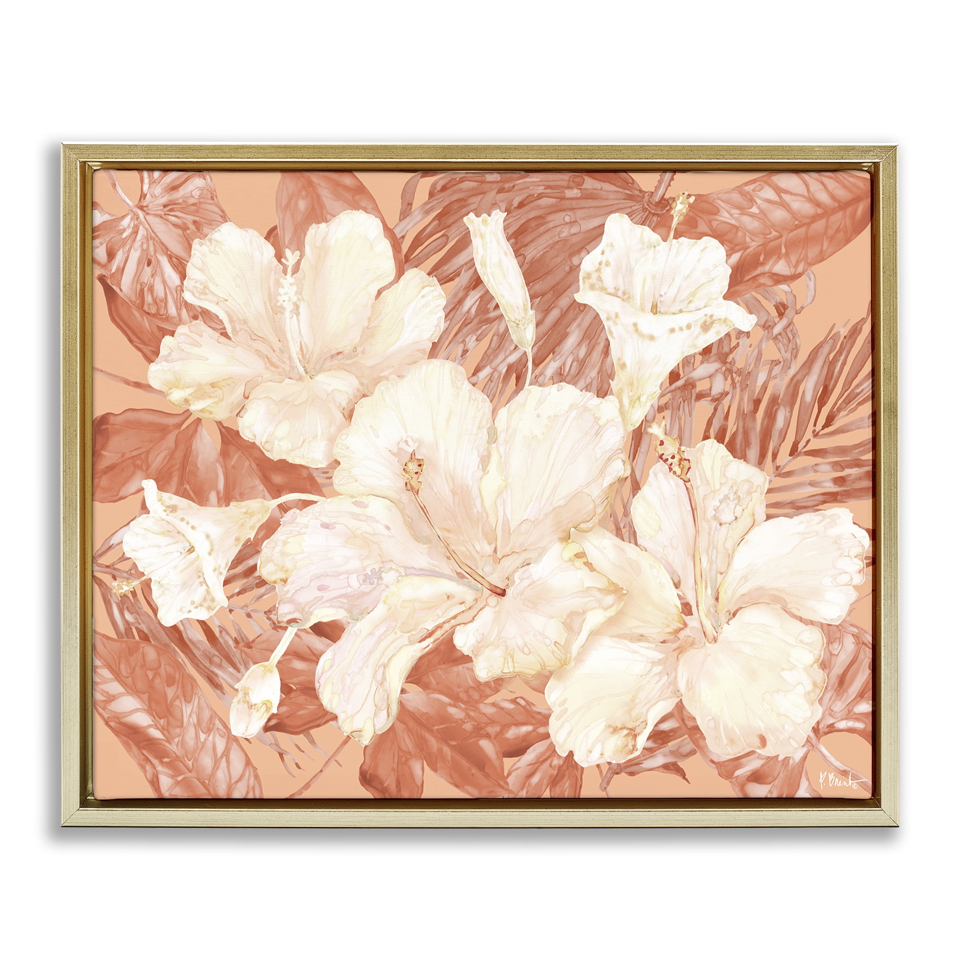 Stupell Industries Bright Hibiscus Bundle Plants & Flowers Painting Gold Floater Framed Canvas Art Print Wall Art, 21 x 17