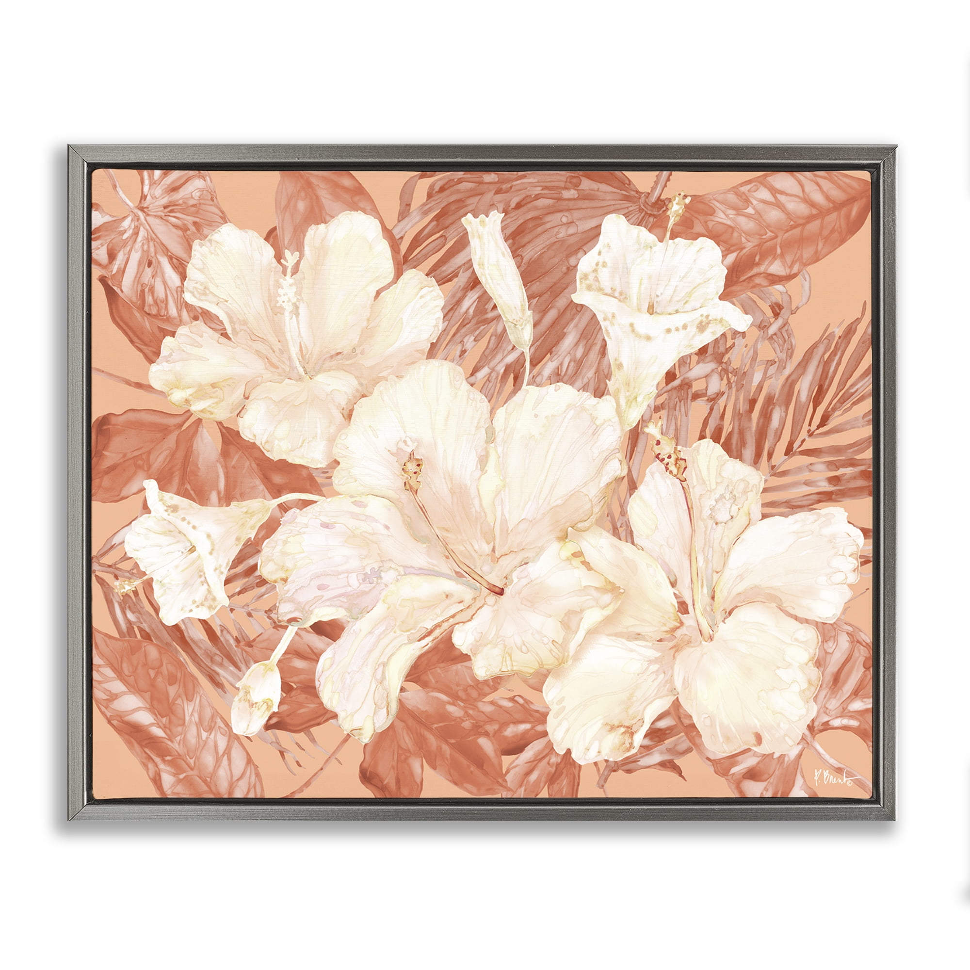 Stupell Industries Bright Hibiscus Bundle Plants & Flowers Painting Gray Floater Framed Canvas Art Print Wall Art, 31 x 25