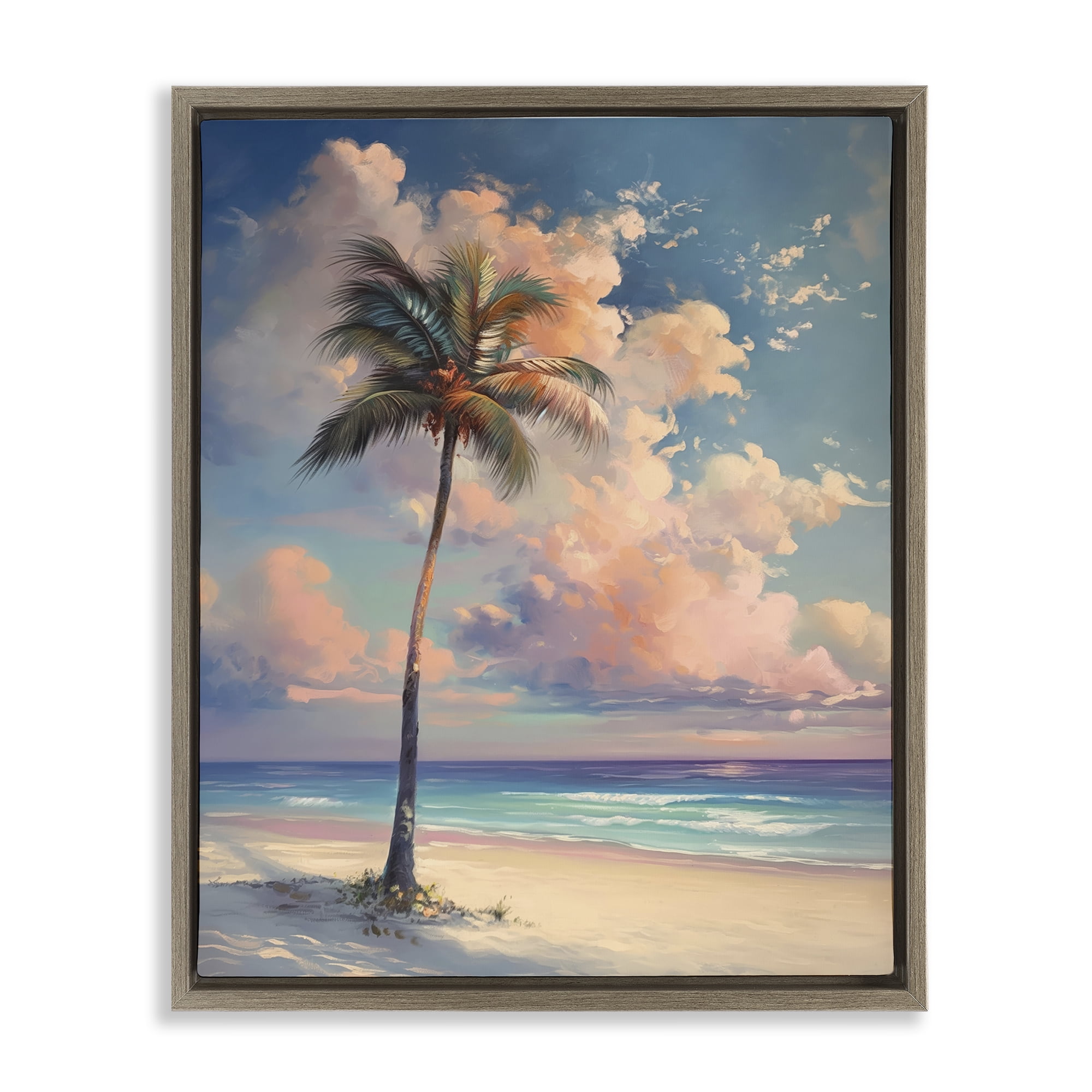 Stupell Industries Bright Hued Beach Palm Nautical & Beach Painting Brown Floater Framed Canvas Art Print Wall Art, 25 x 31