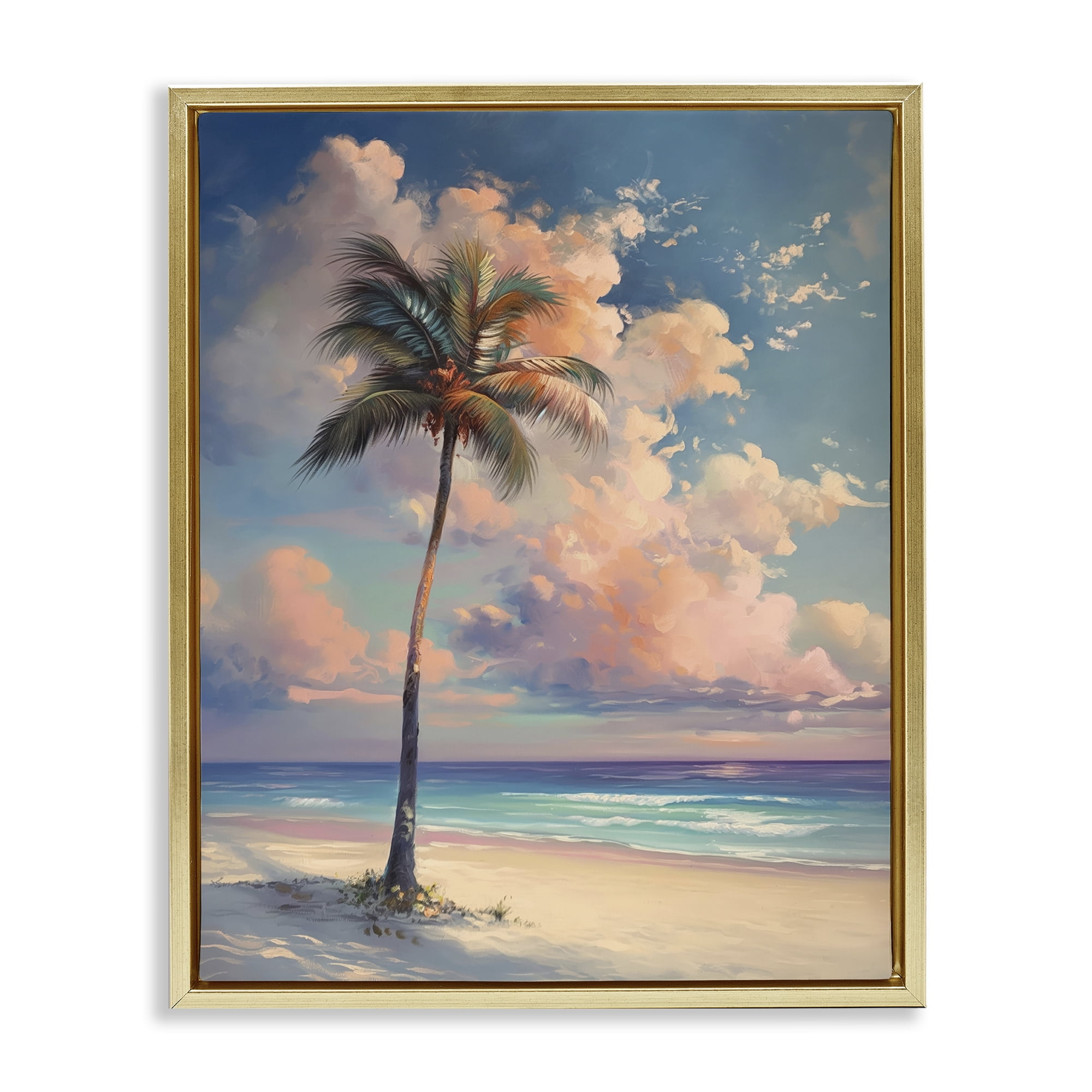Stupell Industries Bright Hued Beach Palm Nautical & Beach Painting Gold Floater Framed Canvas Art Print Wall Art, 17 x 21
