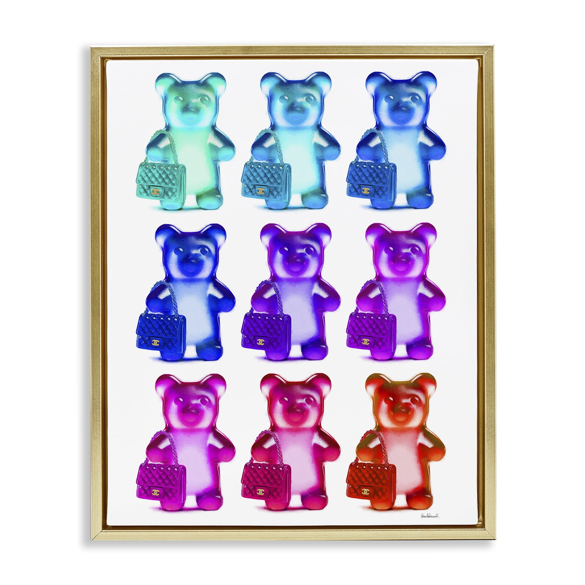 Stupell Industries Bright Hued Bears & Bags Fashion Painting Gold Floater Framed Canvas Art Print Wall Art, 17 x 21
