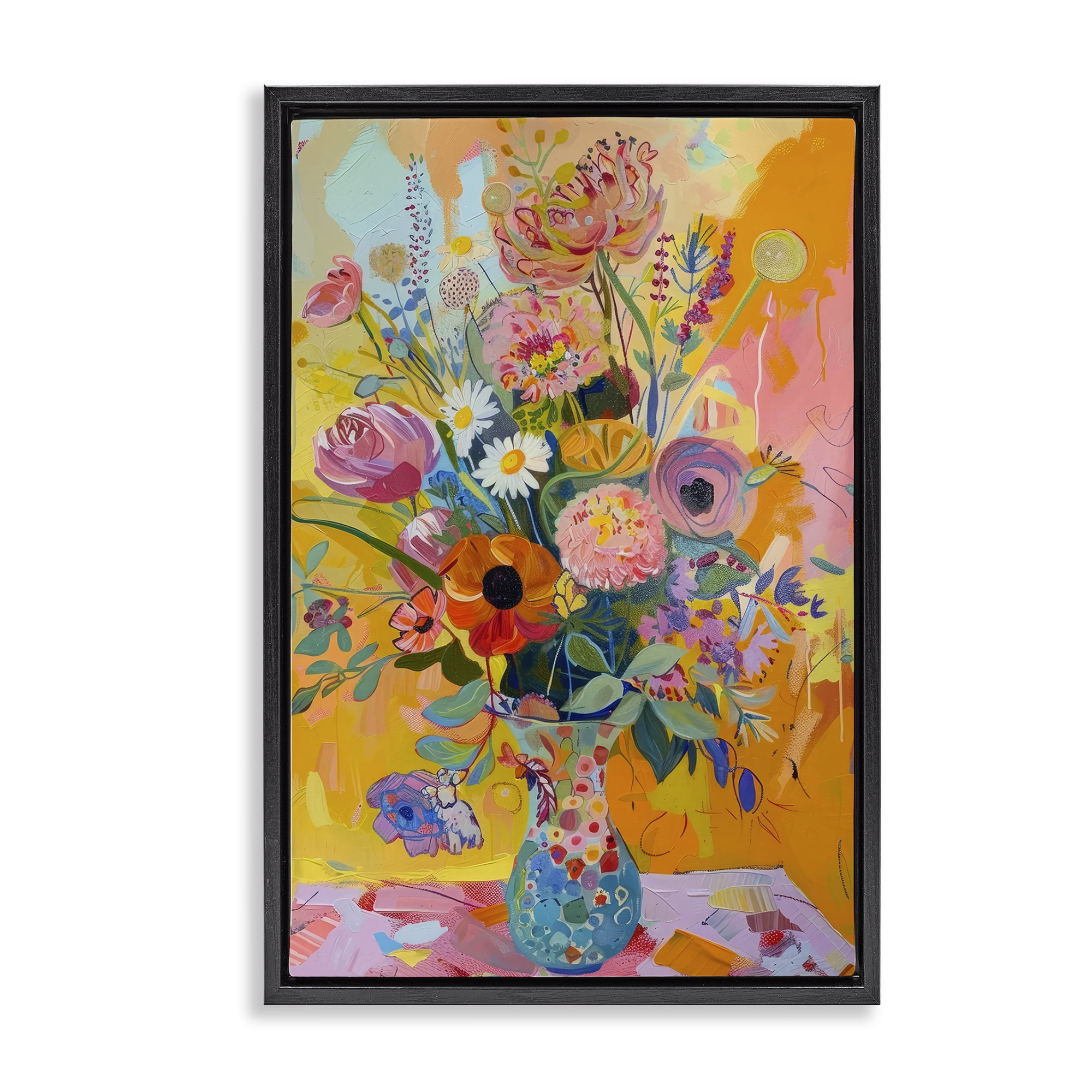 Stupell Industries Bright Hued Mod Bouquet Plants & Flowers Painting Black Floater Framed Canvas Art Print Wall Art, 17 x 25
