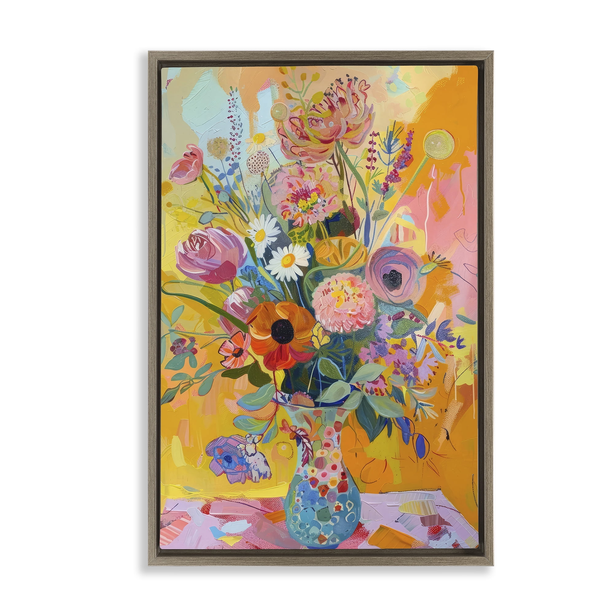 Stupell Industries Bright Hued Mod Bouquet Plants & Flowers Painting Brown Floater Framed Canvas Art Print Wall Art, 21 x 31