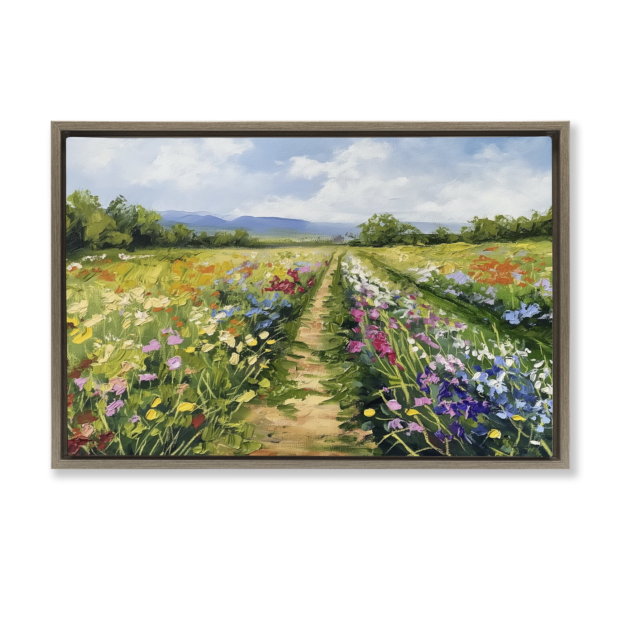 Stupell Industries Bright Hued Wildflower Path Landscape & Nature Painting Brown Floater Framed Canvas Art Print Wall Art, 25 x 17