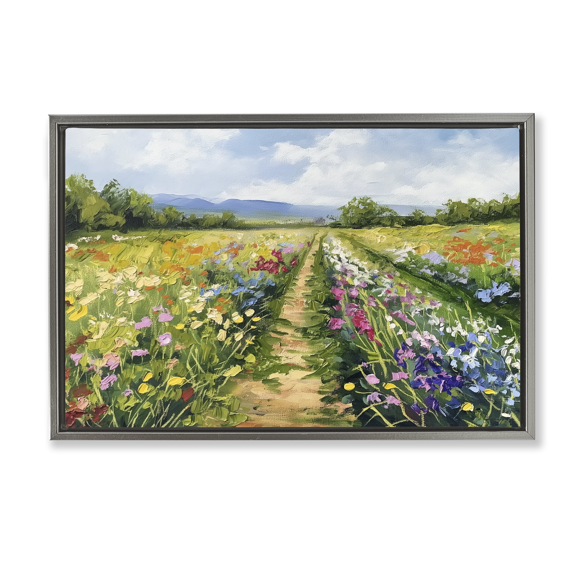 Stupell Industries Bright Hued Wildflower Path Landscape & Nature Painting Gray Floater Framed Canvas Art Print Wall Art, 25 x 17