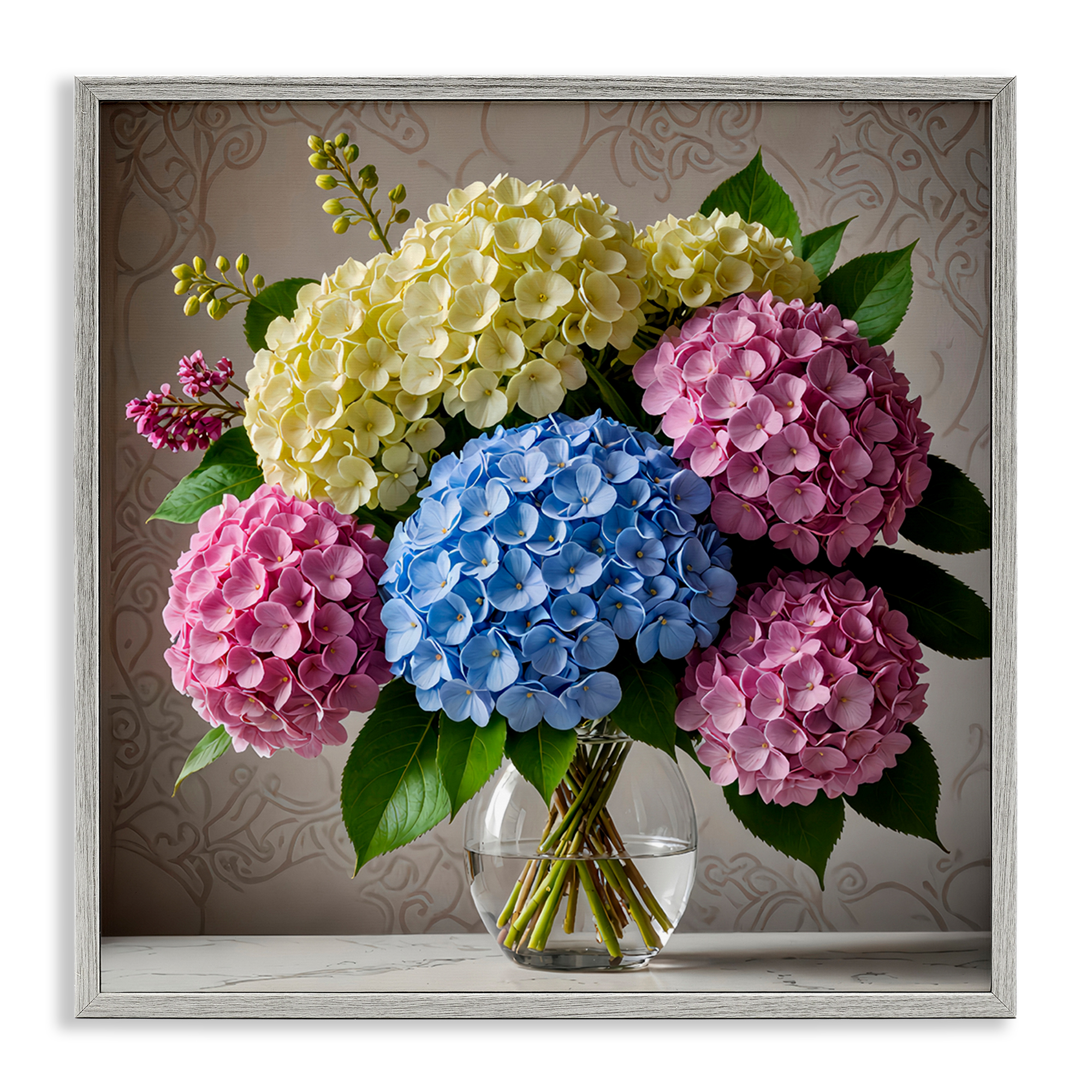 Stupell Industries Bright Hydrangeas Bouquet Plants & Flowers Painting Gray Framed Art Print Wall Art, 12 x 12