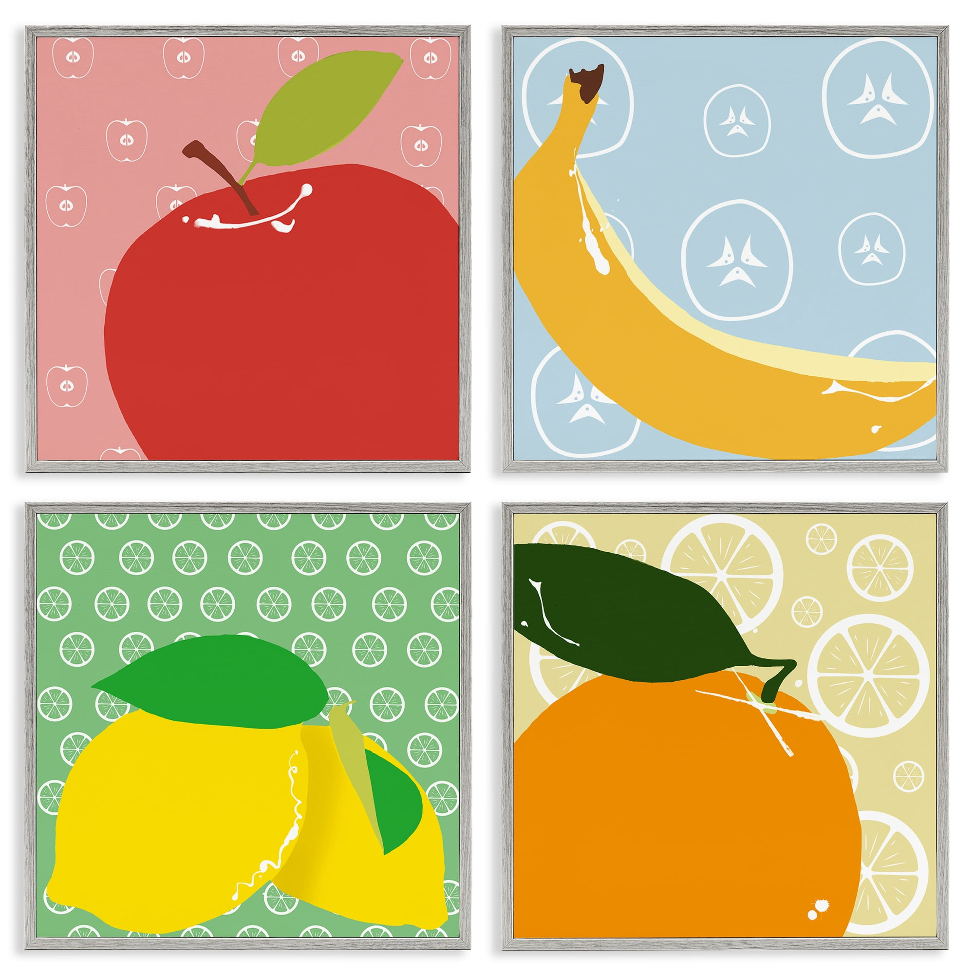 Stupell Industries Bright Kitchen Fruits Food & Beverage Painting Gray Framed Art Print Wall Art, 17 x 17, Set of 4