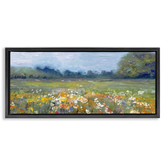 Stupell Industries Bright Meadow Flowers in Countryside Landscape & Nature Painting Black Floater Framed Canvas Art Print Wall Art, 31 x 14