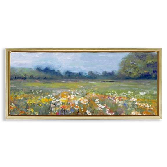 Stupell Industries Bright Meadow Flowers in Countryside Landscape & Nature Painting Gold Floater Framed Canvas Art Print Wall Art, 31 x 14