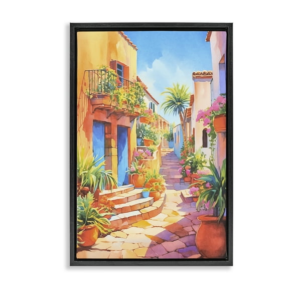Stupell Industries Bright Mediterranean City Scenery Painting Black Floater Framed Art Print Wall Art, 17 x 25