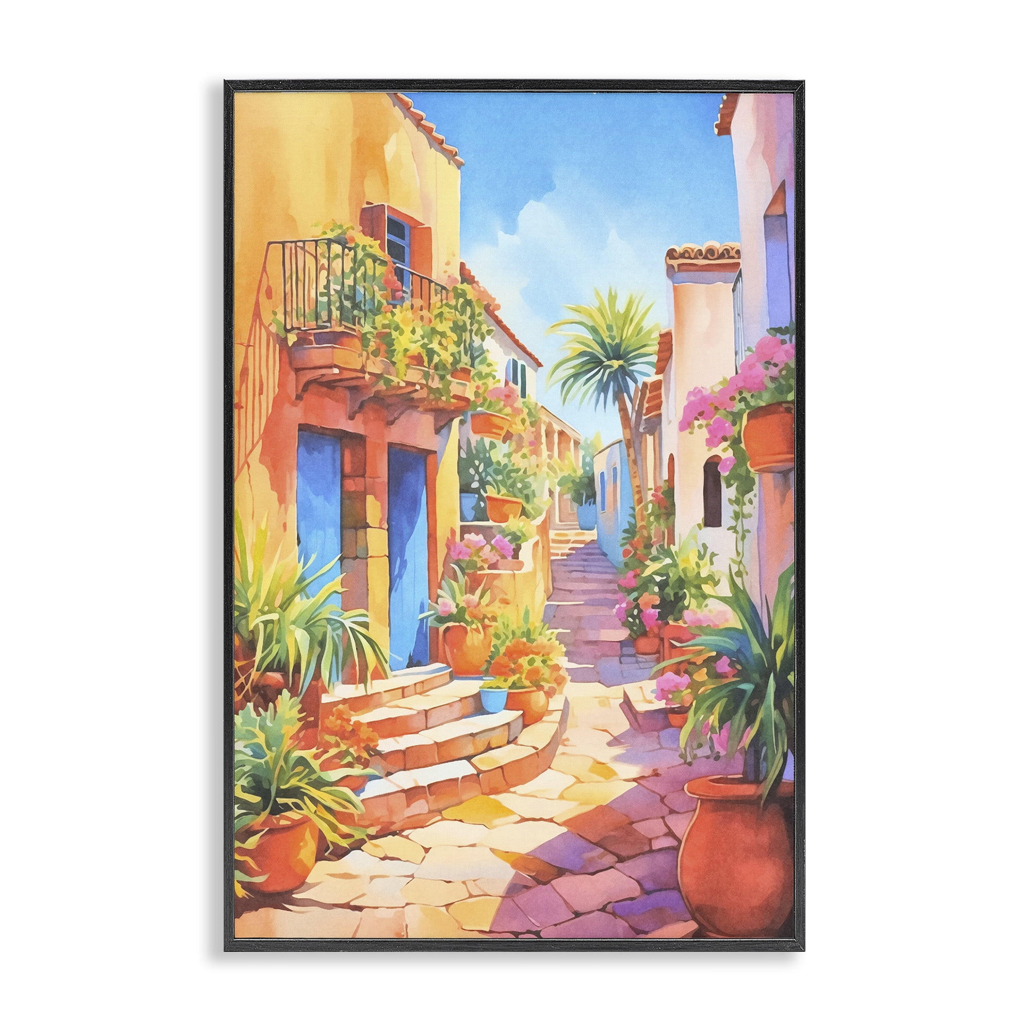 Stupell Industries Bright Mediterranean City Scenery Painting Black Framed Art Print Wall Art, 16 x 24
