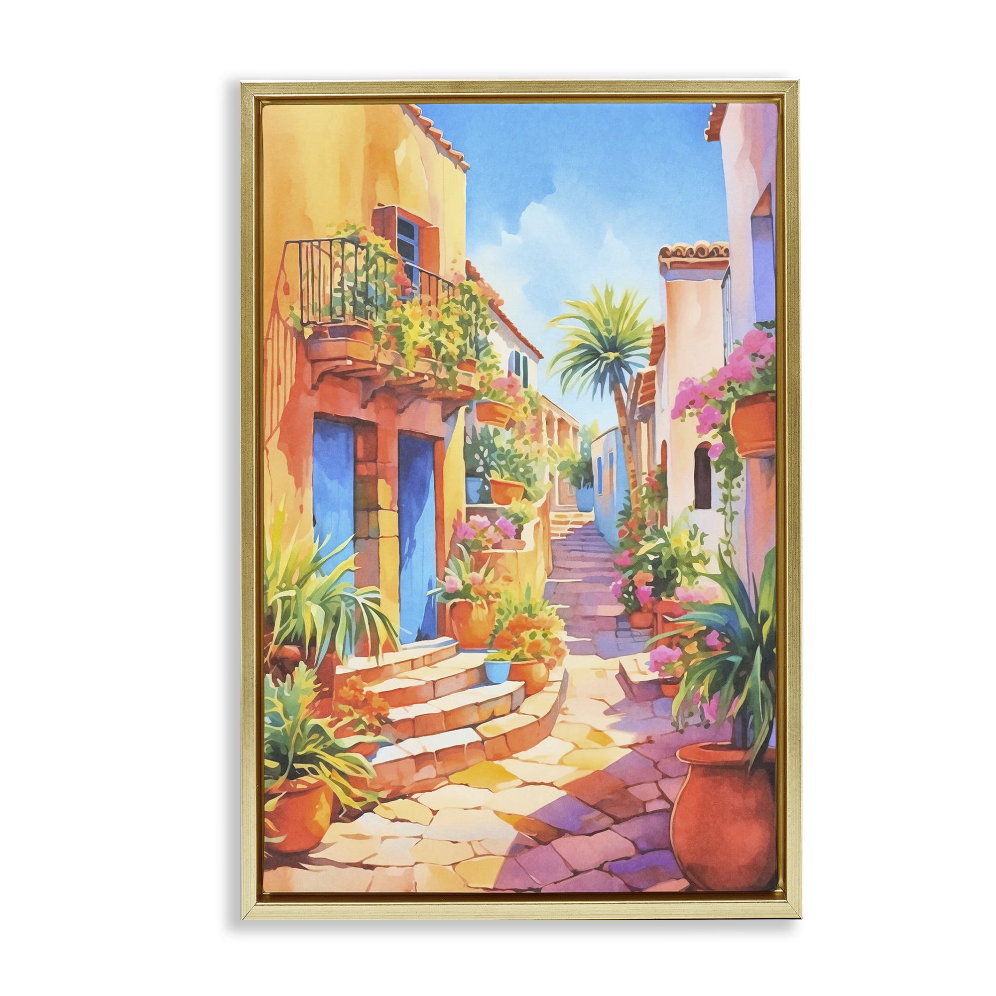 Stupell Industries Bright Mediterranean City Scenery Painting Gold Floater Framed Art Print Wall Art, 21 x 31