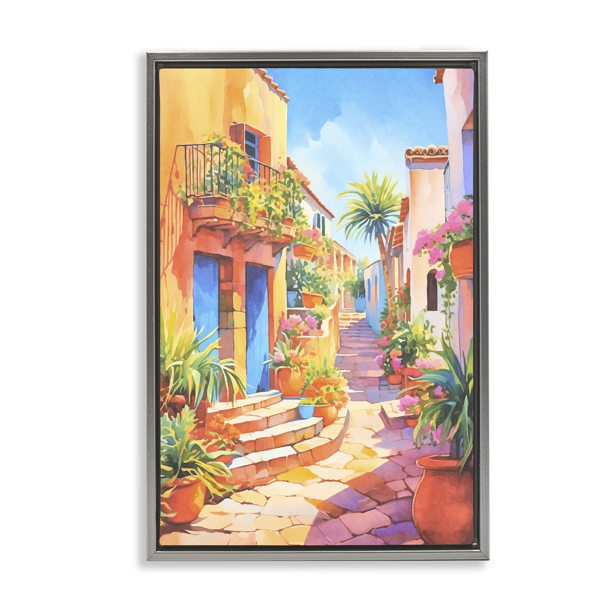 Stupell Industries Bright Mediterranean City Scenery Painting Gray Floater Framed Art Print Wall Art, 21 x 31
