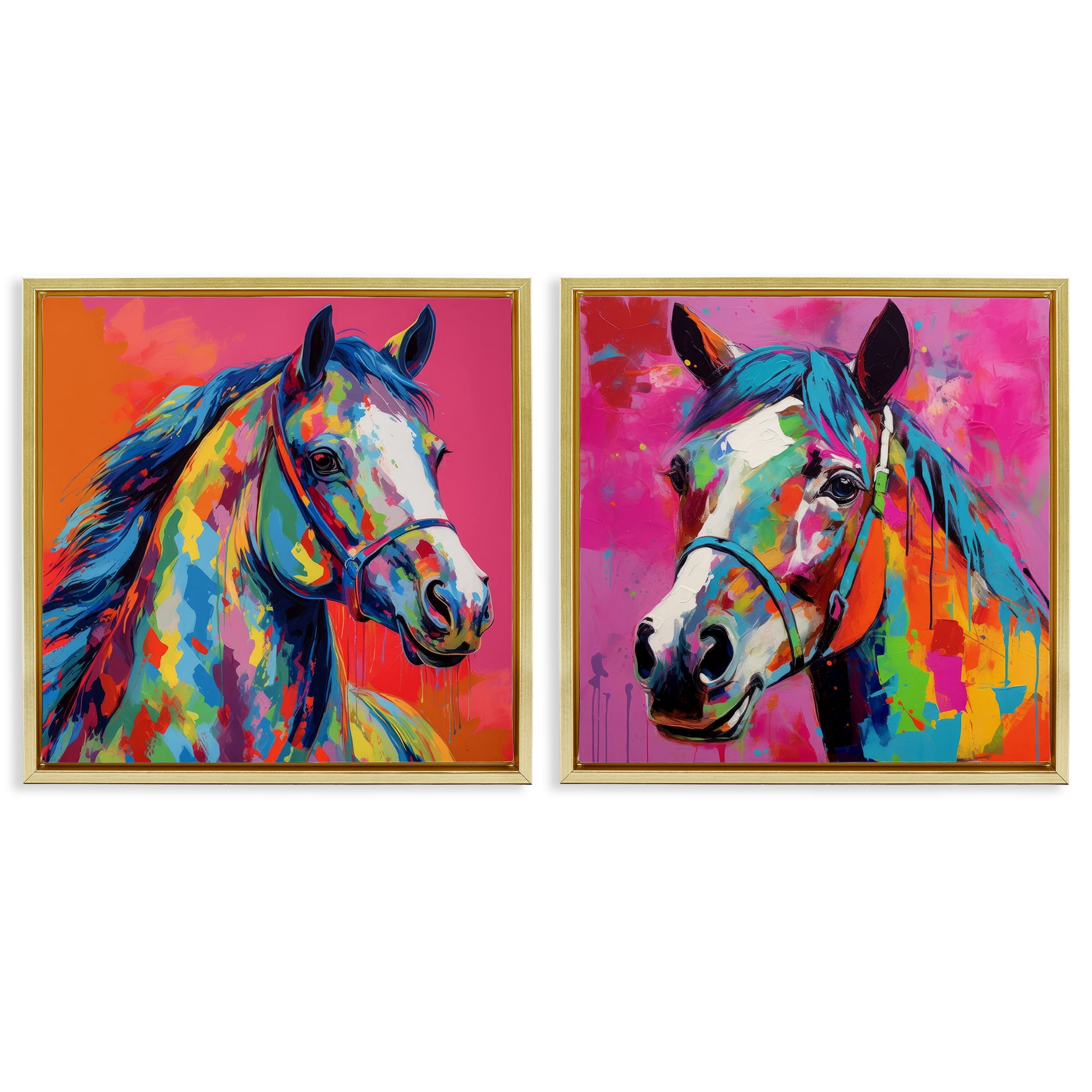 Stupell Industries Bright Neon Horse Portrait Animals Painting Gold Floater Framed Canvas Art Print Wall Art, 25 x 25, Set of 2