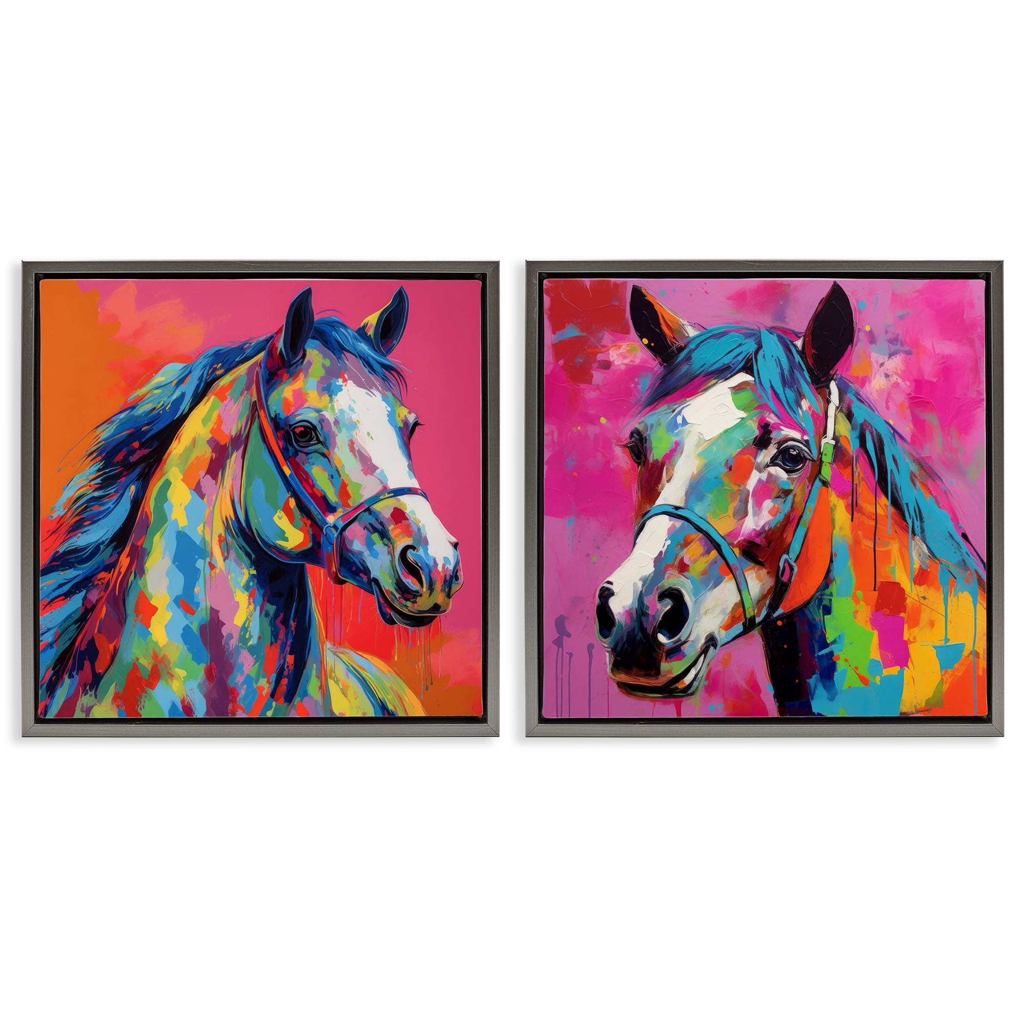 Stupell Industries Bright Neon Horse Portrait Animals Painting Gray Floater Framed Canvas Art Print Wall Art, 18 x 18, Set of 2