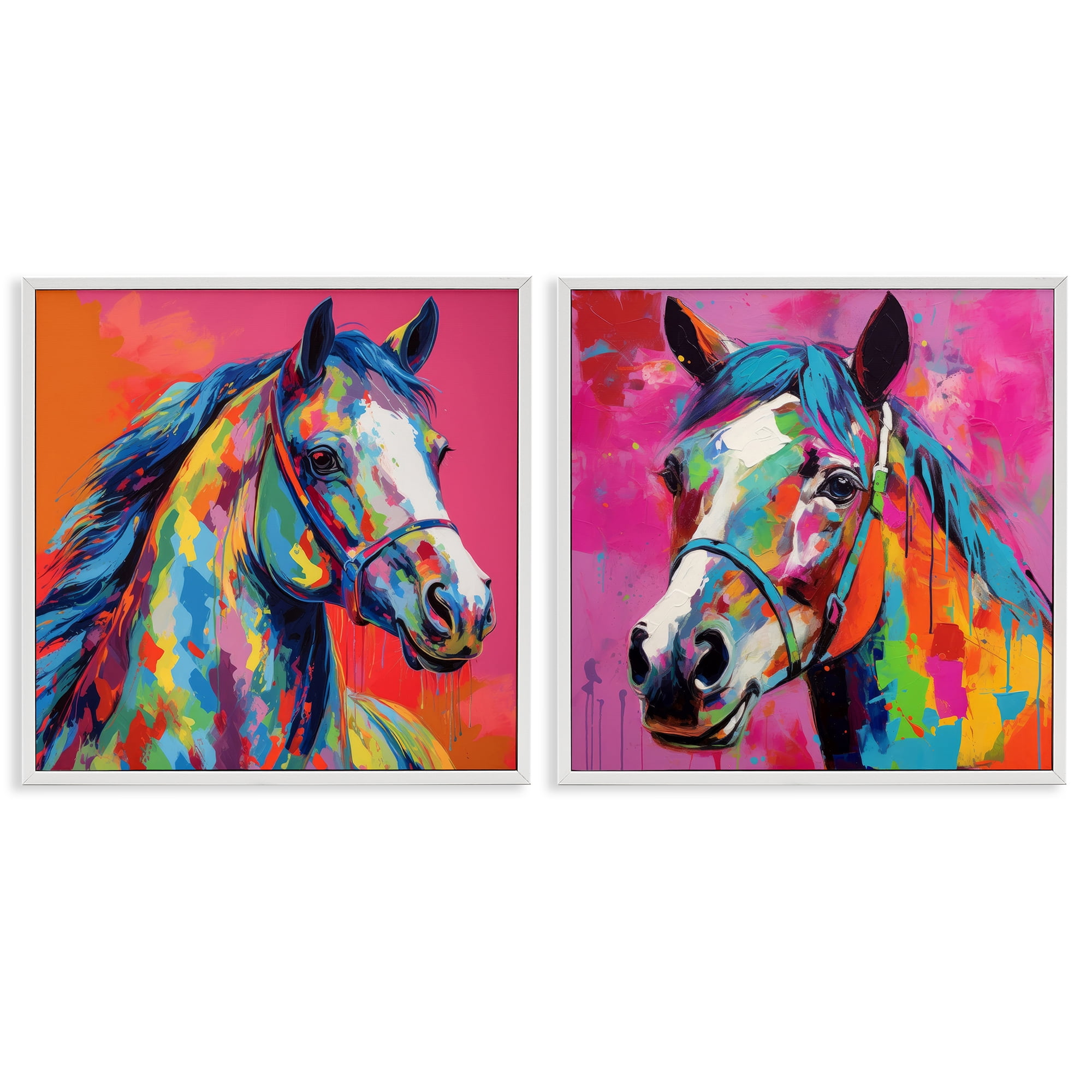 Stupell Industries Bright Neon Horse Portrait Animals Painting White Framed Art Print Wall Art, 12 x 12, Set of 2