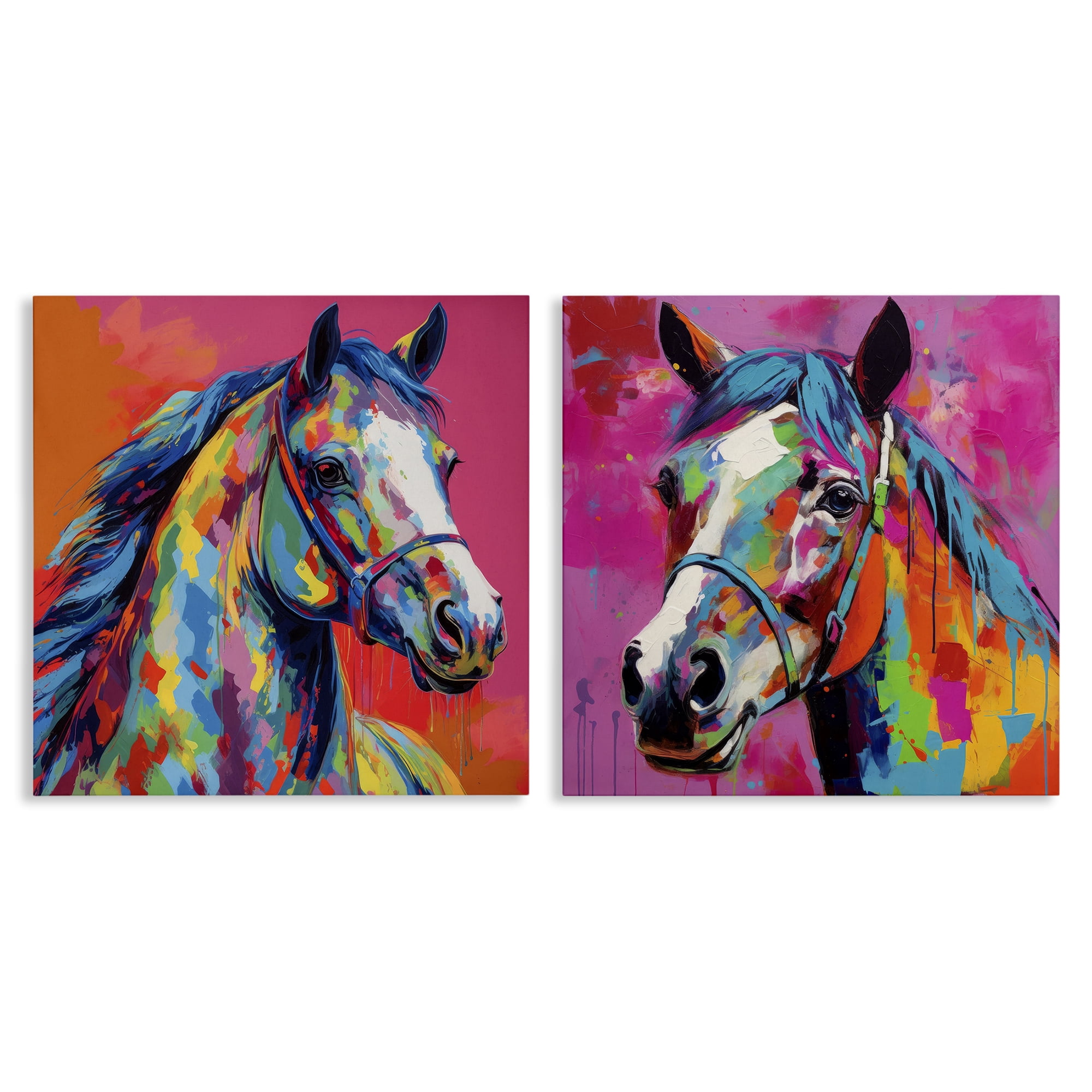 Stupell Industries Bright Neon Horse Portrait Animals Painting Wrapped Canvas Art Print Wall Art, 17 x 17, Set of 2
