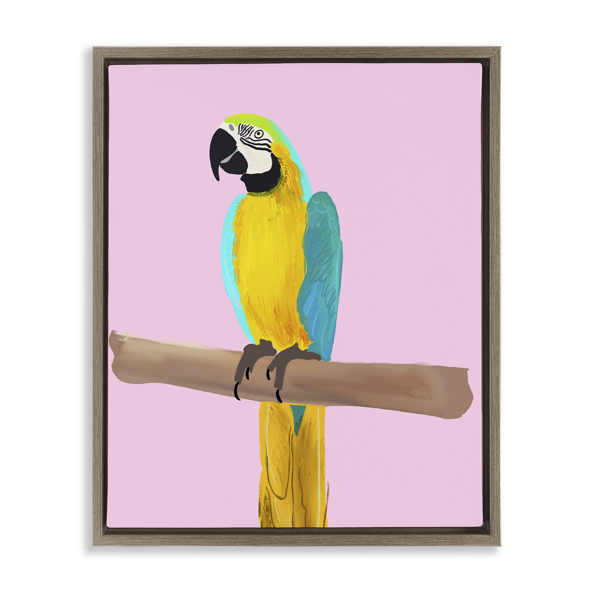 Stupell Industries Bright Parrot on Pink Animals Painting Brown Floater Framed Canvas Art Print Wall Art, 17 x 21