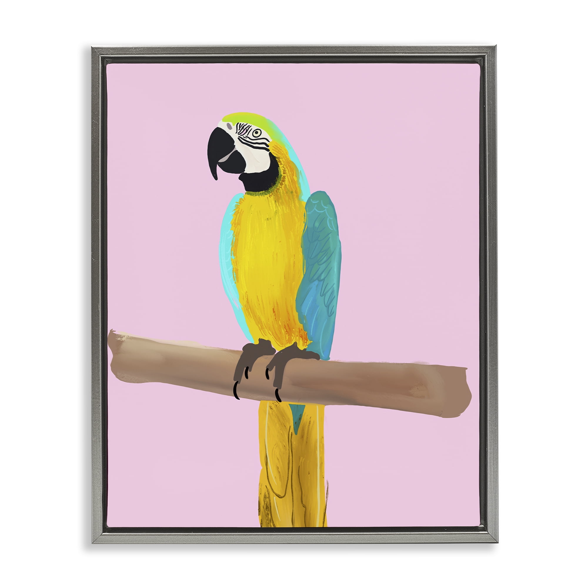 Stupell Industries Bright Parrot on Pink Animals Painting Gray Floater Framed Canvas Art Print Wall Art, 17 x 21