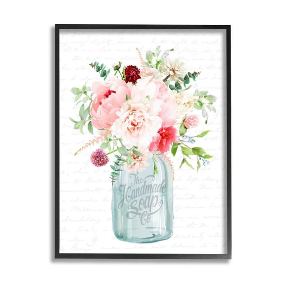 Stupell Industries Bright Pink Floral Bouquet Cursive Script Pattern Graphic Art Black Framed Art Print Wall Art, Design by Lettered and Lined