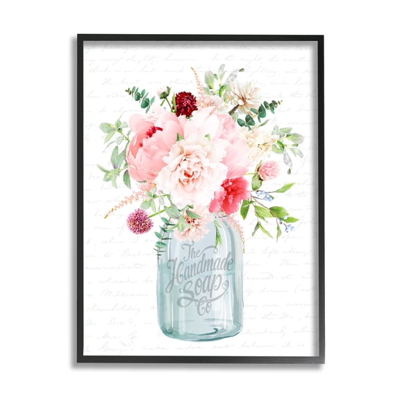 Stupell Industries Bright Pink Floral Bouquet Cursive Script Pattern Graphic Art Black Framed Art Print Wall Art, Design by Lettered and Lined