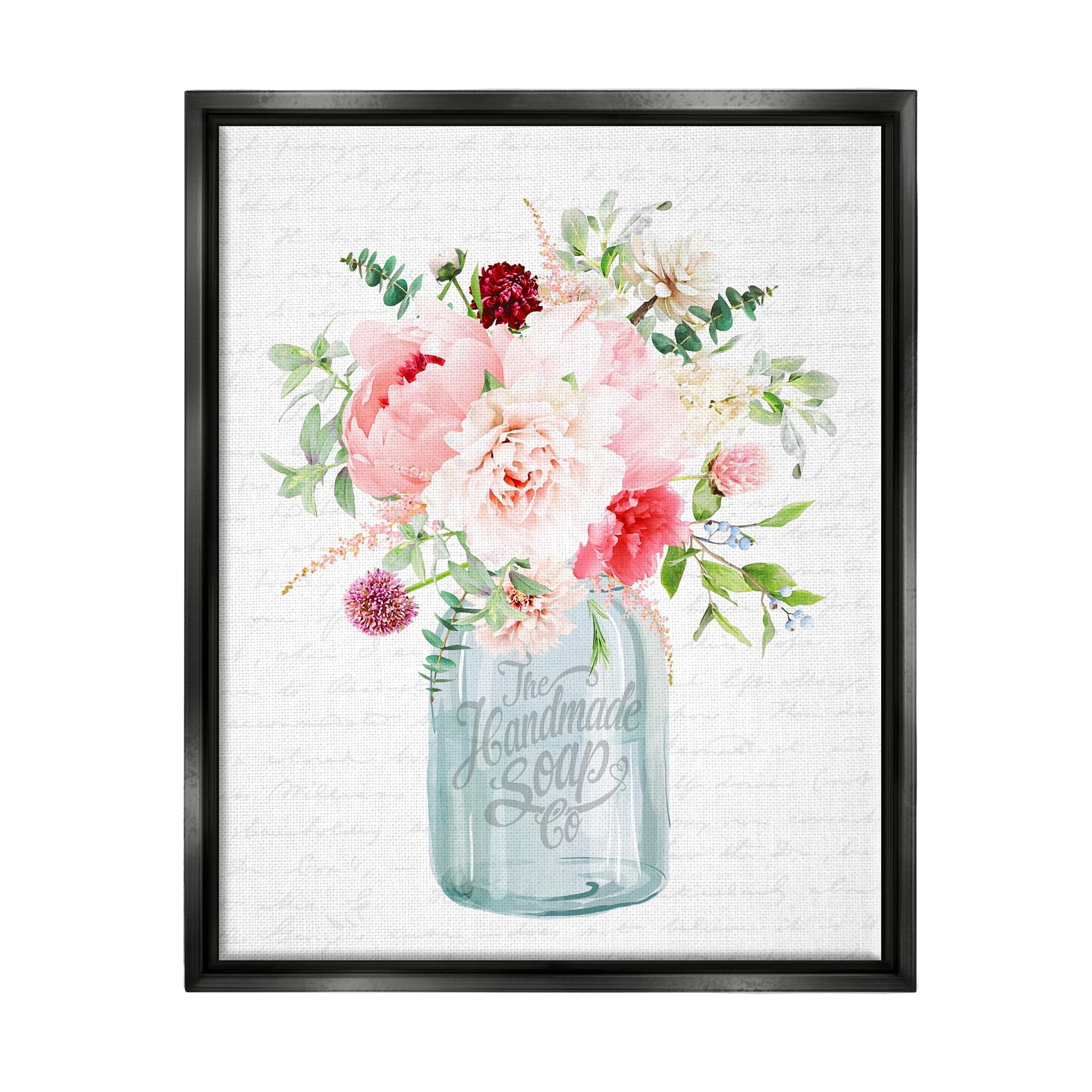 Stupell Industries Bright Pink Floral Bouquet Cursive Script Pattern Graphic Art Jet Black Floating Framed Canvas Print Wall Art, Design by Lettered and Lined