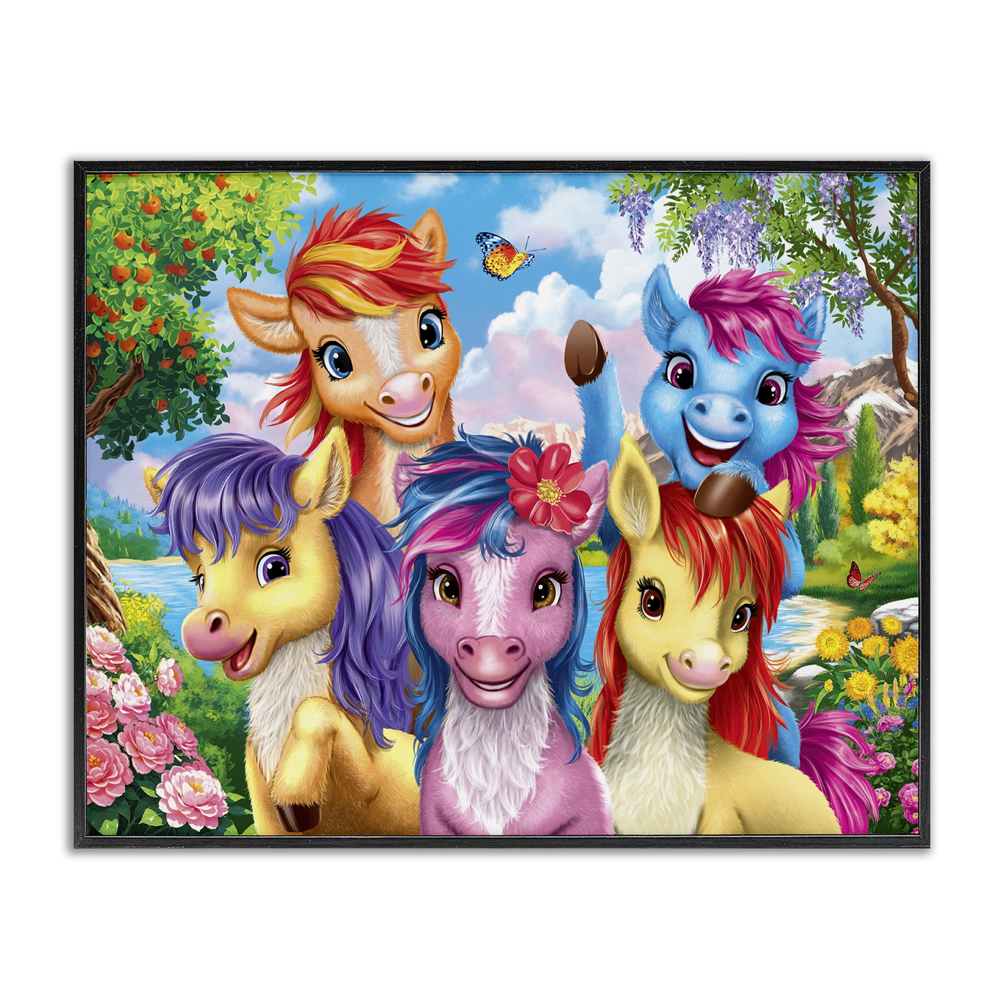Stupell Industries Bright Ponies Selfie Fantasy & Sci-Fi Painting Black Framed Art Print Wall Art, 20 x 16